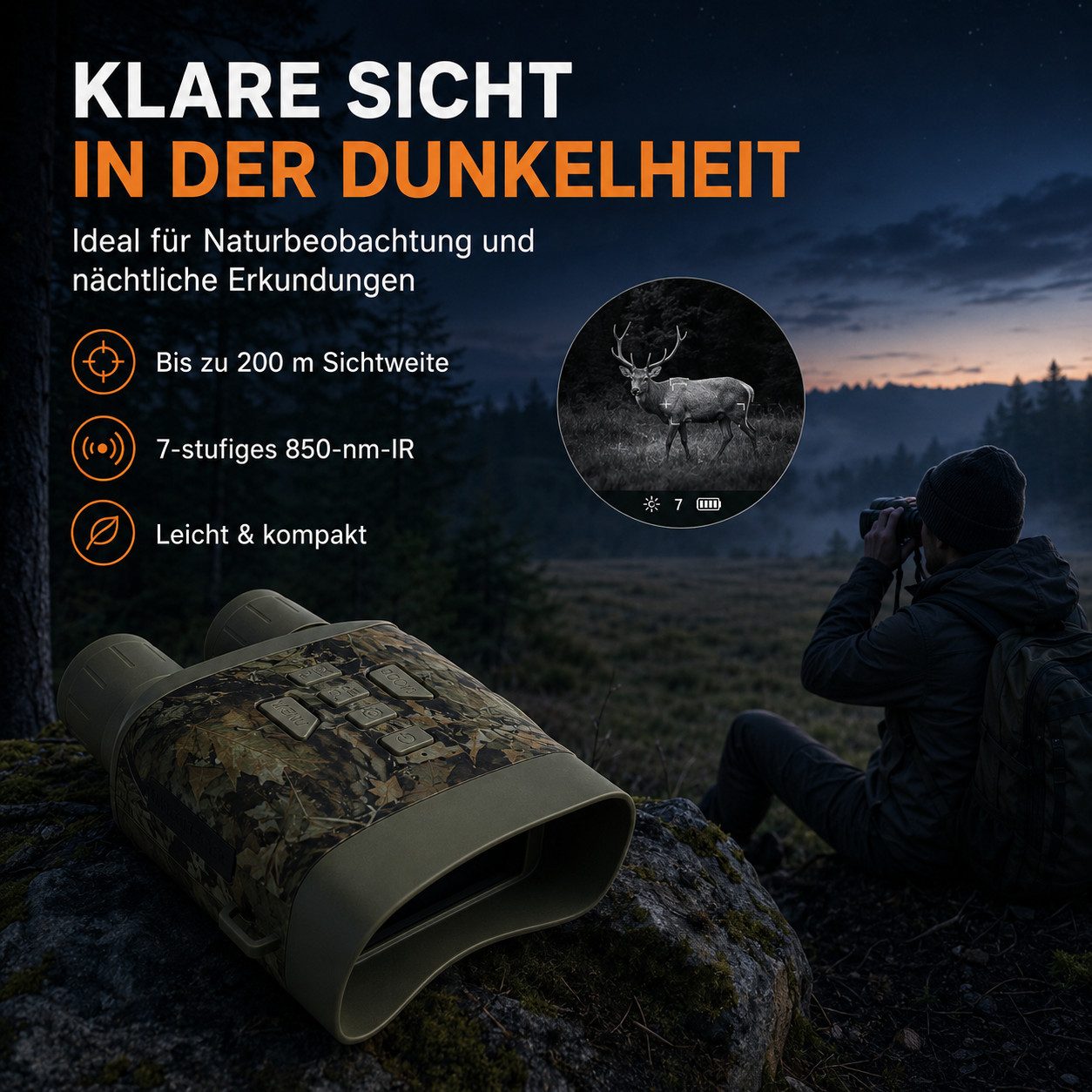 Tekoo Nachtsichtgerät Digitales Nachtsichtgerät 4K 36MP Infrarot Fernglas 200m inkl. 64GB, 4K-Video, 36MP, 200m Nachtsicht, 3" HD-Display & 4000mAh Akku