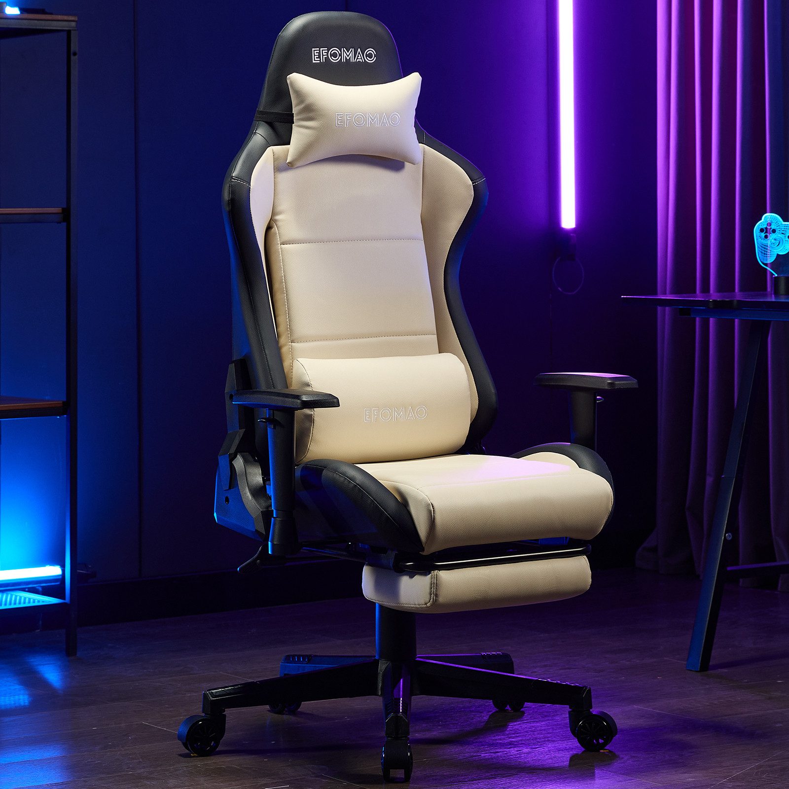 EFOMAO Gaming-Stuhl ergonomischer Bürostuhl mit ausziehbarer Fußstütze & Lendenkissen (1 St), 155° Liegefunktion, Höhenverstellbare Armlehnen, Belastbar bis 120 kg