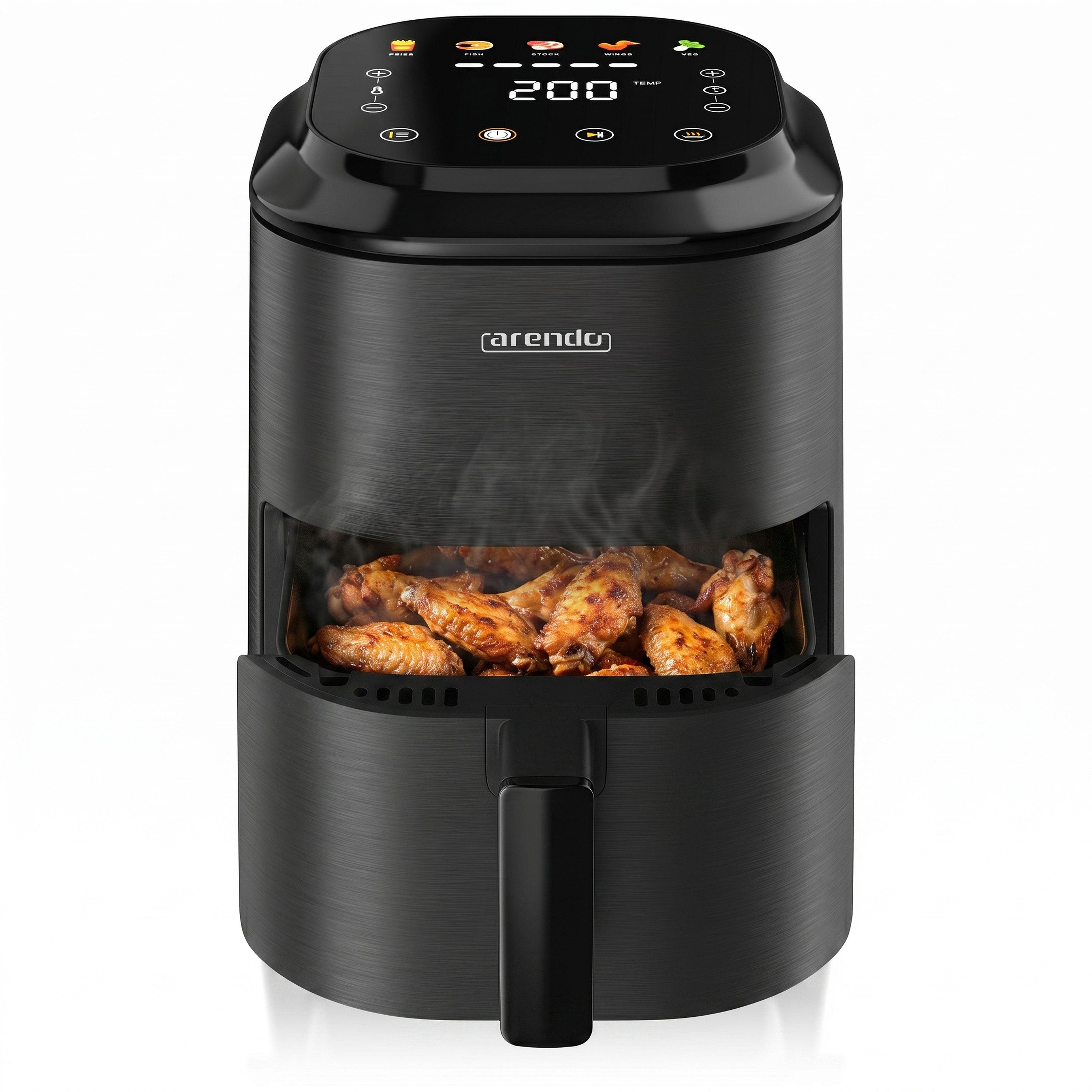 Arendo Heißluftfritteuse kompakter Airfryer 2,5 l, Touch, 5 Programme, herausnehmbarer Frittierkorb, 1000 W, mit Zubehör, Umluft Backofen, Edelstahl, fettarmes gesundes Kochen