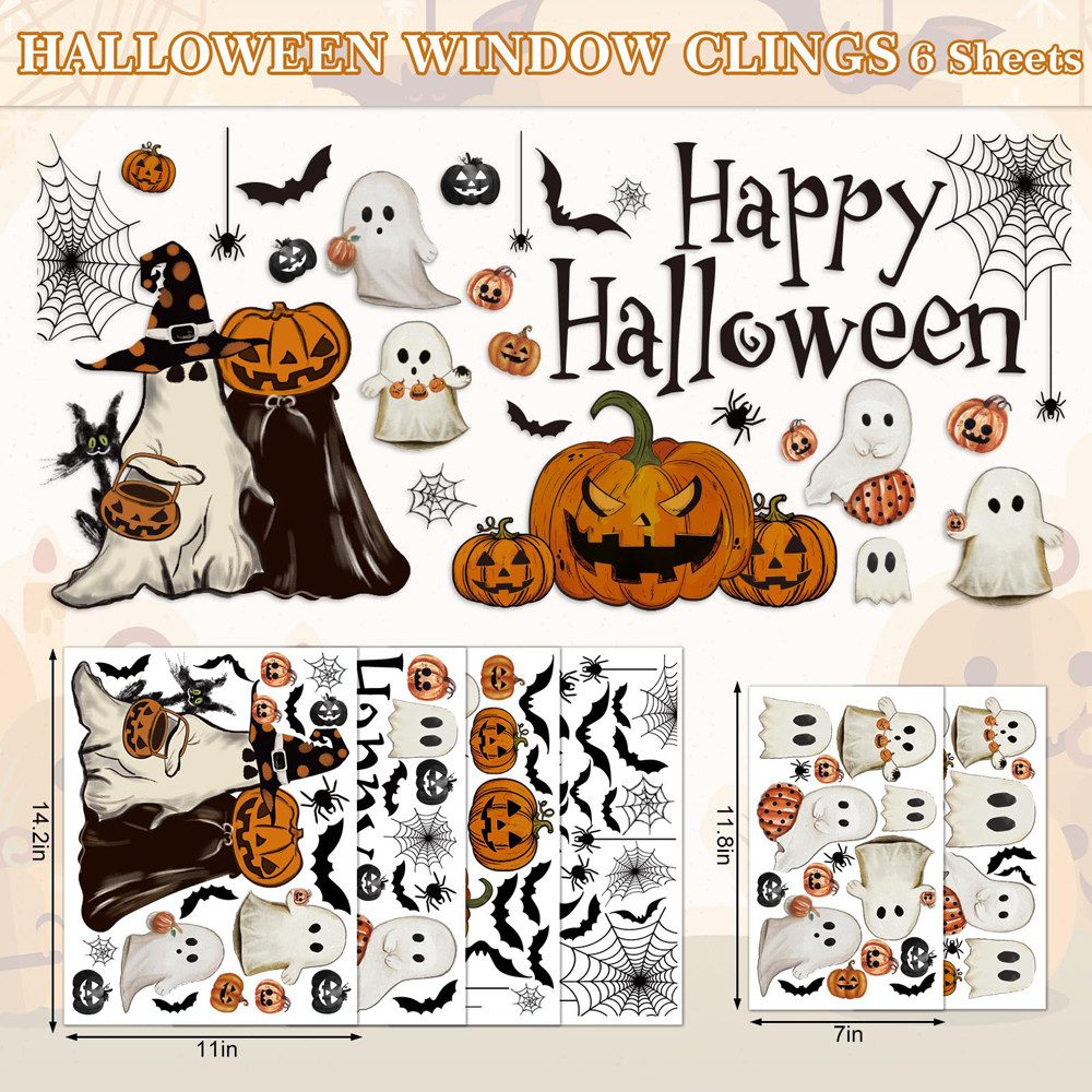 CLTYQ Fensterbild 6 Blatt Halloween Fensteraufkleber wiederverwendbare Fensterbilder, Vintage Geist, Böser Kürbis, Fledermaus, Glasdeko für Zuhause – Bild 5 von 5