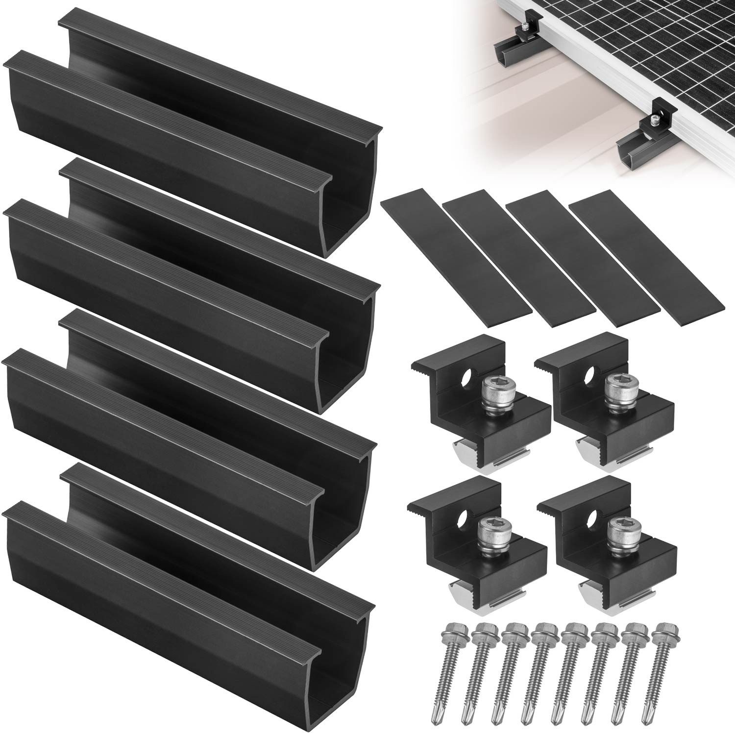 avoltik Solarmodul-Halterung Halterung Montageset Solar Befestigung Dach Schiene PV Halter, (Halterung Montageset Solar Befestigung Dach Schiene PV Halter f 1, 2 oder 4 Module, Avoltik Montageset für 1, 2 oder 4 Solarmodule, Montageset für 1, 2 oder 4 Solarmodule)