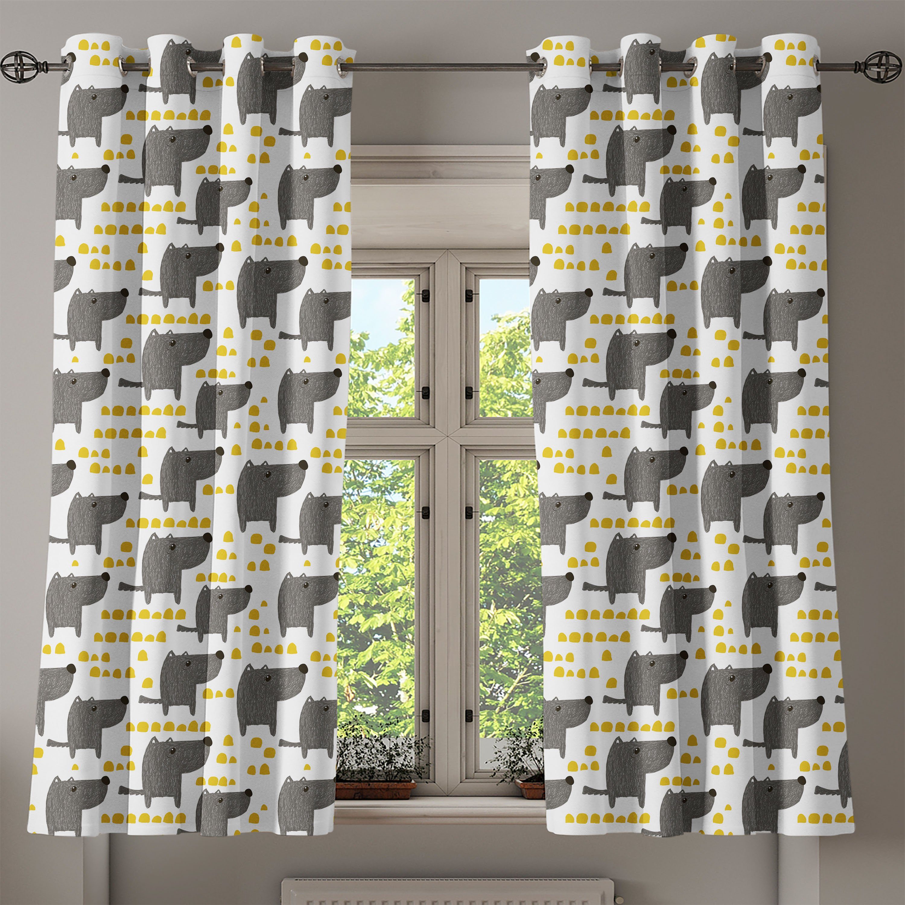 Canine Sketch Abakuhaus, Gardine für Schlafzimmer Dekorative Wohnzimmer, Hund 2-Panel-Fenstervorhänge Muster Stil