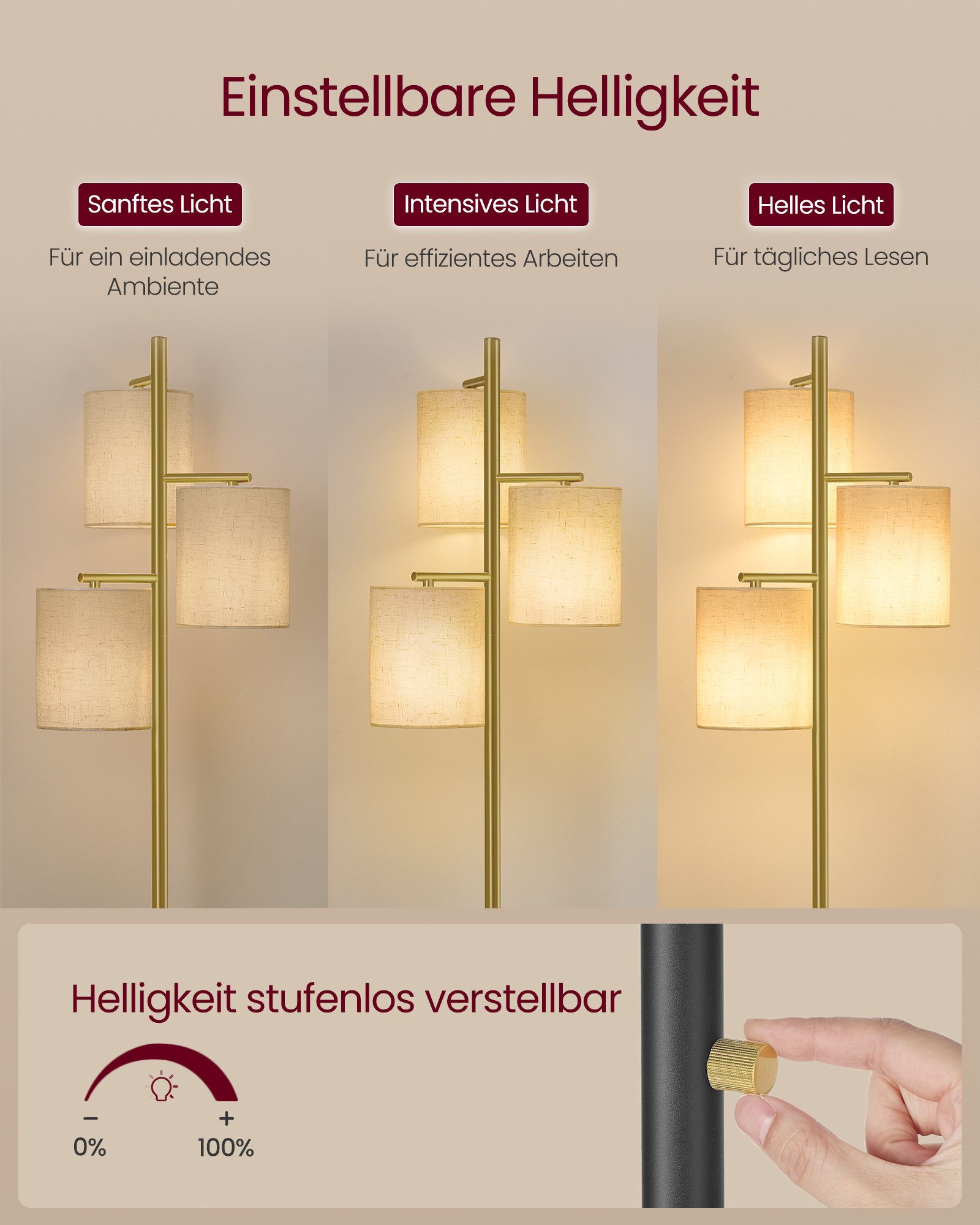 VASAGLE Stehlampe Stehleuchte, Standleuchte mit 3 Glühbirnen, verstellbare Helligkeit, modern, Lampenschirm aus Stoff