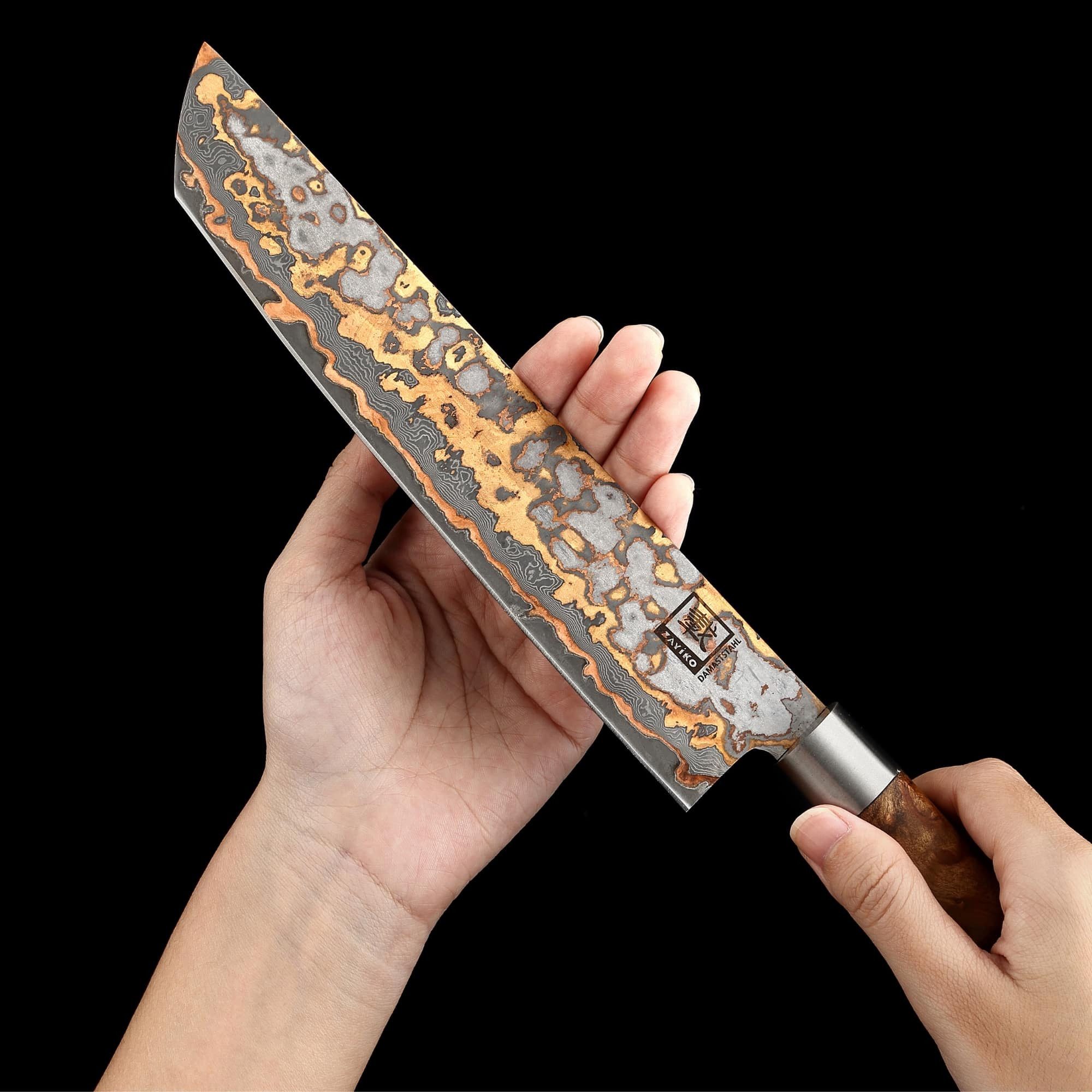 ZAYIKO Universalküchenmesser MysticMagma Tanto Küchenmesser 20,5 cm Kupfer-Bronze-Damastklinge, Damaststahl, Kupfer-Bronze-Einlage