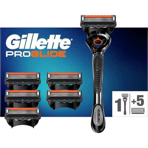 Gillette Rasierklingen ProGlide Rasierer + 5 Ersatzklingen mit Gleitstreifen Edelstahl Klinge, 6-tlg., Rasierset Shave Gillette kompatibel mit ProGlide Wechselklinge Beauty, Flexible Klingen Für empfindliche Haut Rasur Rasierset Gleitstreifen