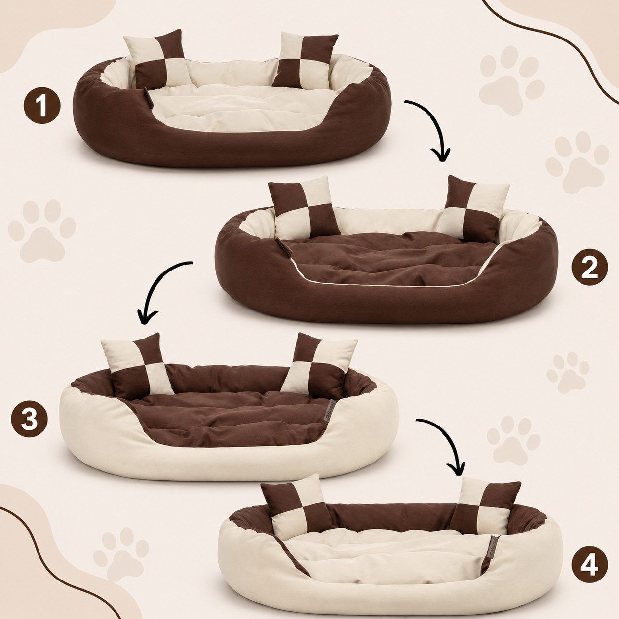 belviona Tierkissen, Hundekörbchen wasserabweisend, 65x50 cm, braun/beige, Oxford, Hundebett mit Wendekissen, tiefer Einstieg & 2 Spielkissen
