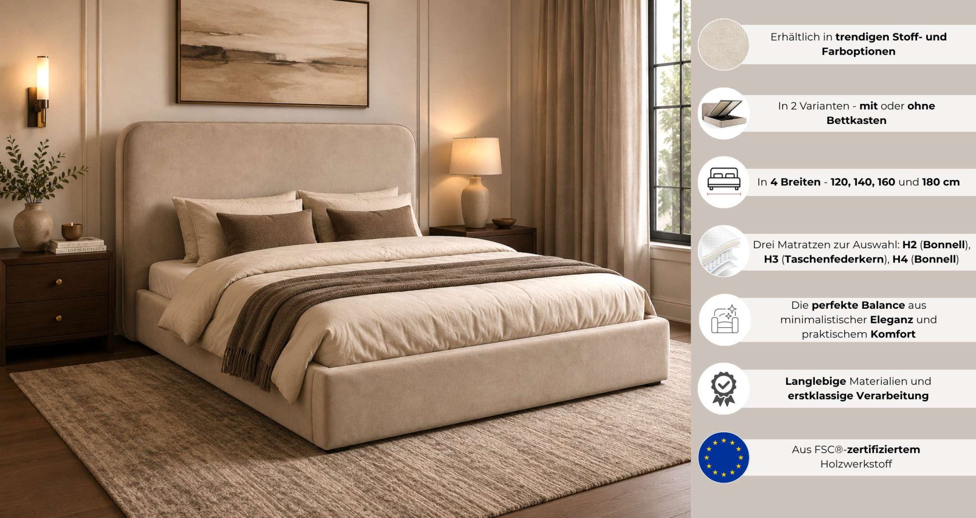 LeGer Home by Lena Gercke Polsterbett ELIRA mit/ohne Bettkasten, mit/ohne Matratze, Breite 120/140/160/180cm, Bonnell-/Taschenfederkernmatratze (H2, H3, H4), mit/ohne Lattenrost