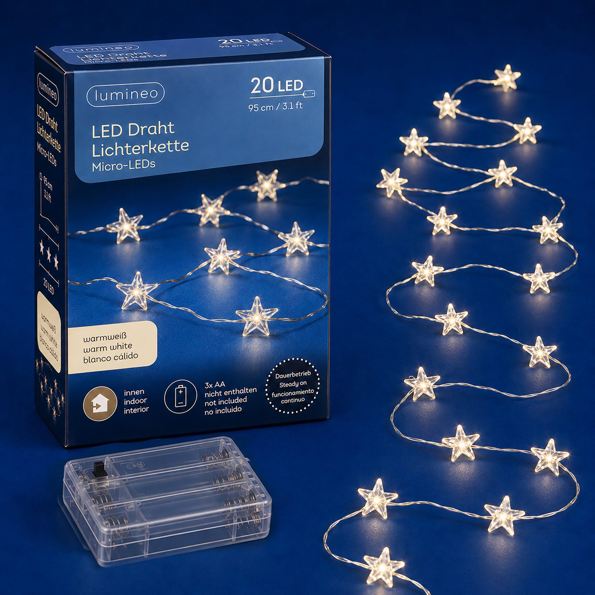 Lumineo LED-Lichterkette, LED Draht Lichterkette 95cm mit Sternen 20 Micro-LEDs Warmweiß Silber