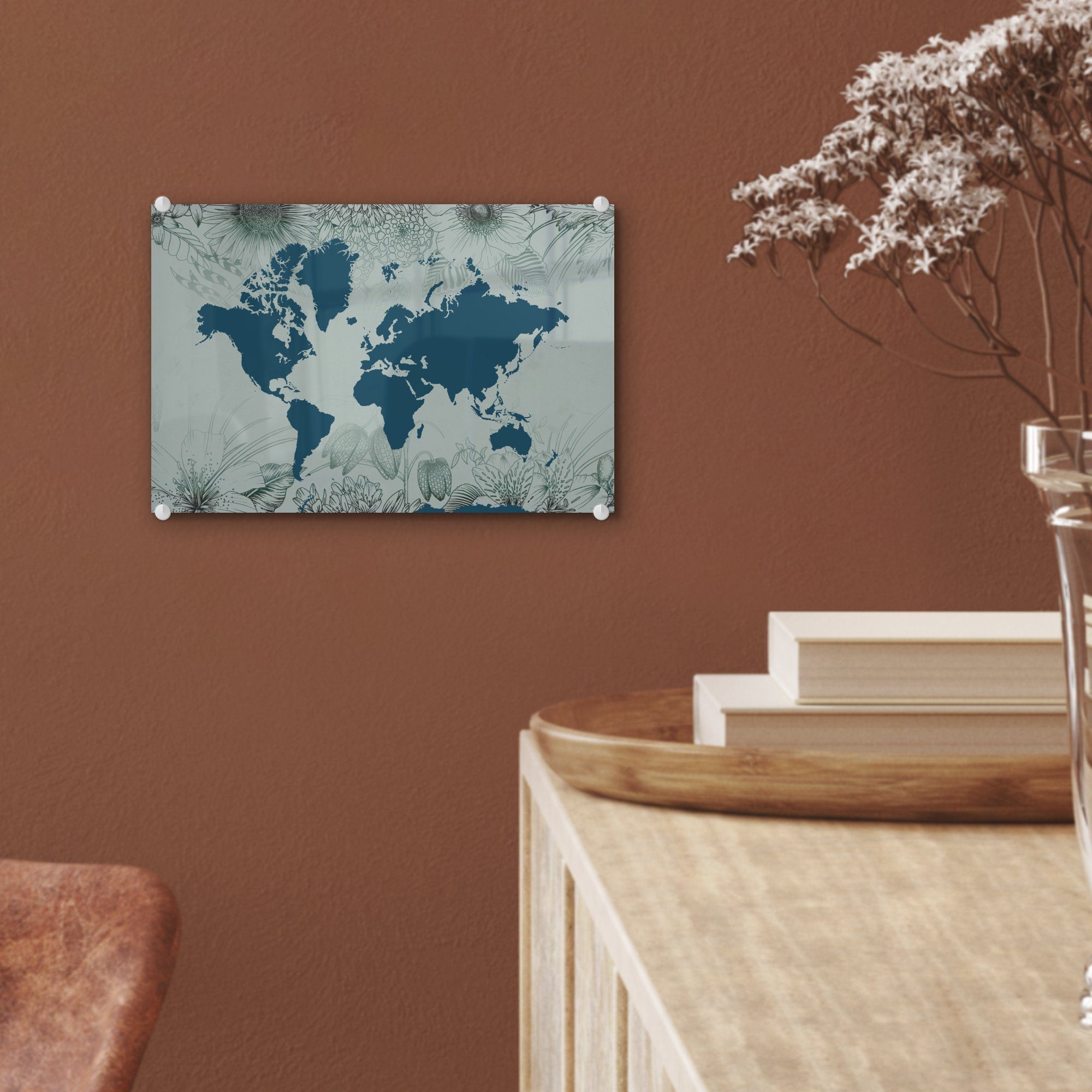 MuchoWow - Weltkarte Wanddekoration - Wandbild Glas Foto St), (1 - - - Acrylglasbild auf Bilder Glas Grau auf Blau, Glasbilder
