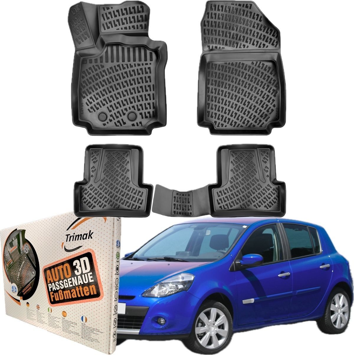 Trimak Passform-Fußmatten Oder Kofferraumwanne Oder Set für Renault Clio, Renault Clio III Hatchback & Grandtour 2005-2012 Gummimatten Auto TPE