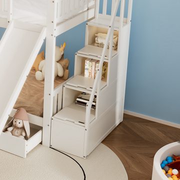 Celya Kinderbett Etagenbett 90x200cm mit Treppe und Rutsche, Aufbewahrungsschublade, Rahmen aus Kiefernholz und MDF