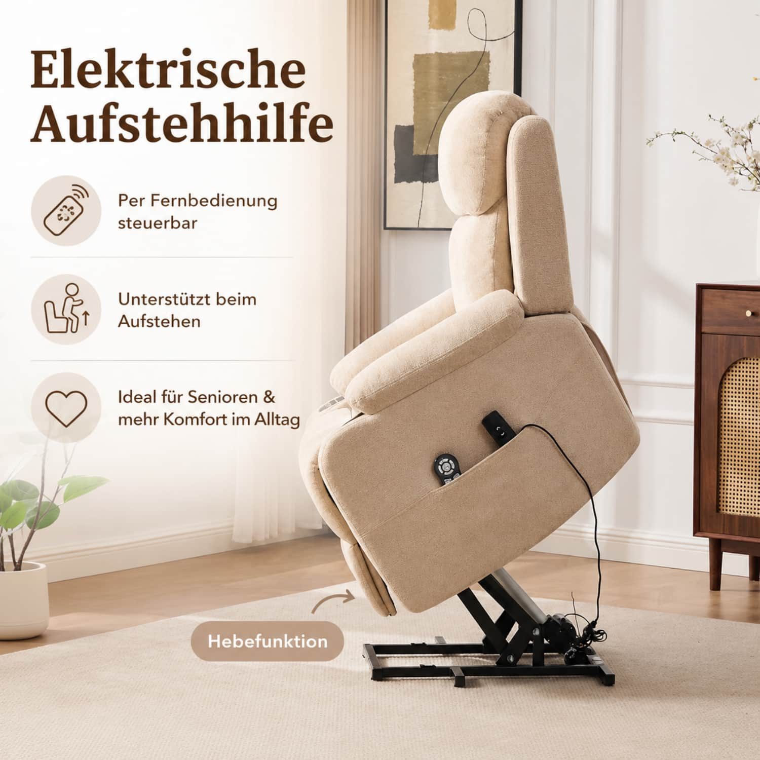 ANYSUN Massagesessel Elektrischer Massagesessel mit Aufstehhilfe, Wärmefunktion & Fußstütze (Chenille Bezug, verstellbare Rückenlehne, Getränkehalter & Tasche)