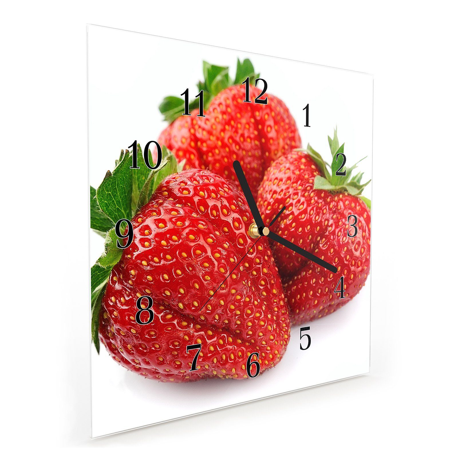 Primedeco Wanduhr Glasuhr 30 Wandkunst cm Erdbeeren Größe 30 mit Wanduhr Drei x Motiv