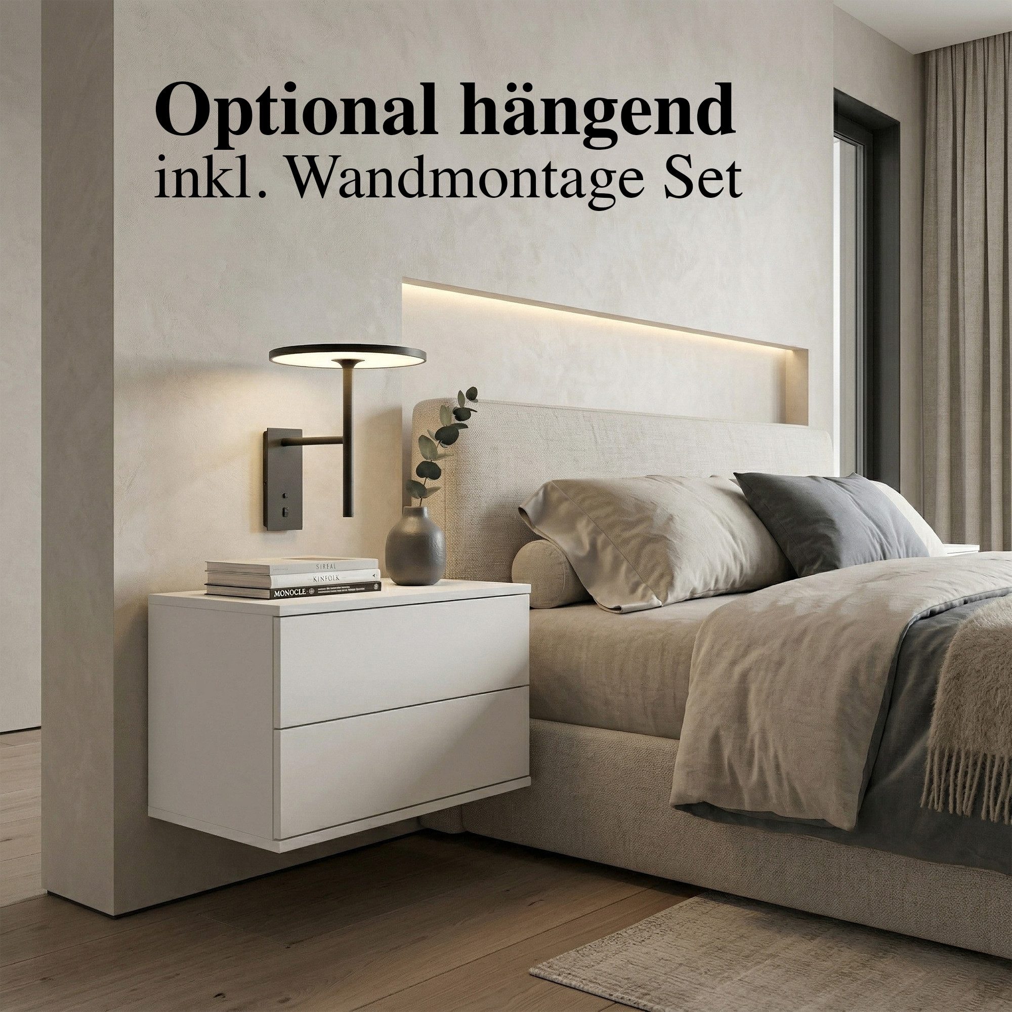 InnoFurn Nachtschrank Aura Nachttisch (Nachtkonsole, optional hängend Beistelltisch) 2 Schubladen mit Push-to-Open & Made in Germany (60 x 43 x 35 cm) – Bild 4 von 5