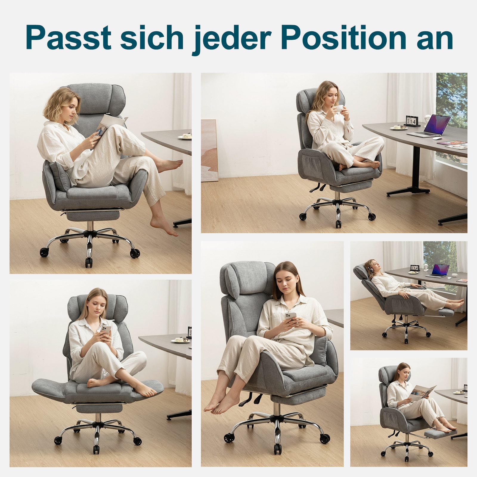 Hoffree Chefsessel Ergonomischer Bürostuhl Schreibtischstuhl Gaming Stuhl 200kg Belastbar (Breiter Sitz, 6cm höhenverstellbare Kopfstütze, 135° neigbar), Drehstuhl mit klappbarer Armlehnen,Fußstütze, extra dickes Sitzpolster