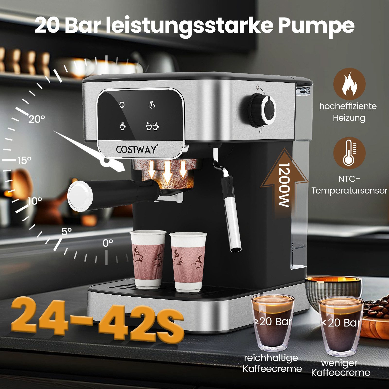 COSTWAY Espressomaschine, 20 Bar, mit Milchaufschäumer & 1,8L Tank, Touch