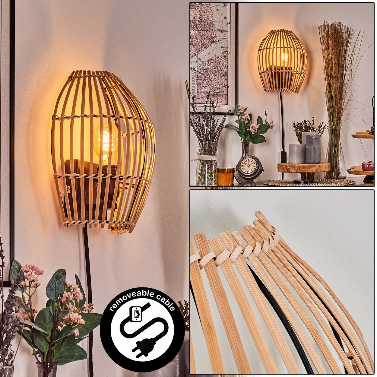 Wandleuchte Wandlampe aus Metall/Bambbus in Schwarz/Naturfarben
