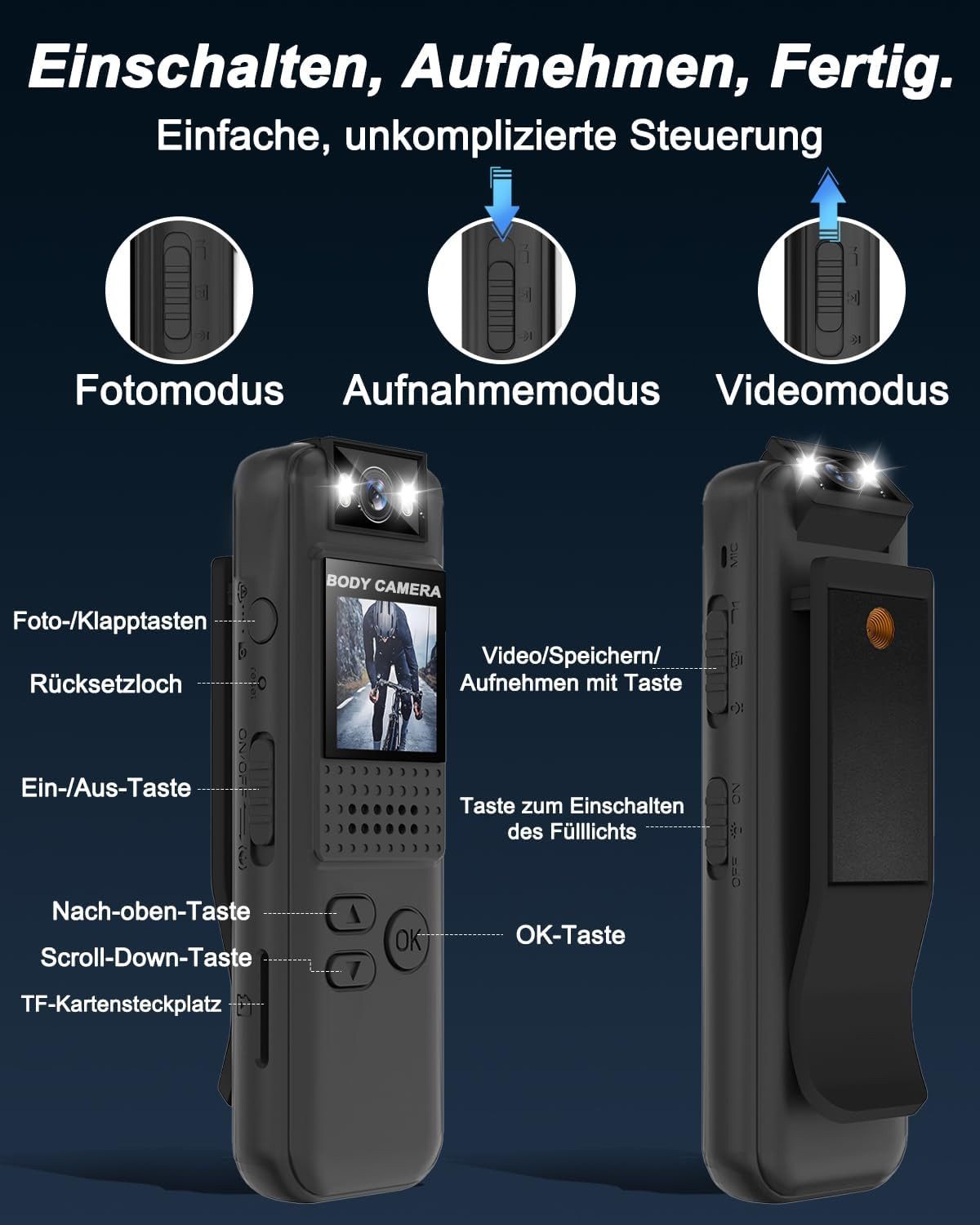 SpionProfi Überwachungskamera 64GB Bodycam Körperkamera Video Kamera mit Nachtsicht FULL HD (1-tlg., Sport Outdoor Mini Bodycam Kamera mit 64GB Speicher)