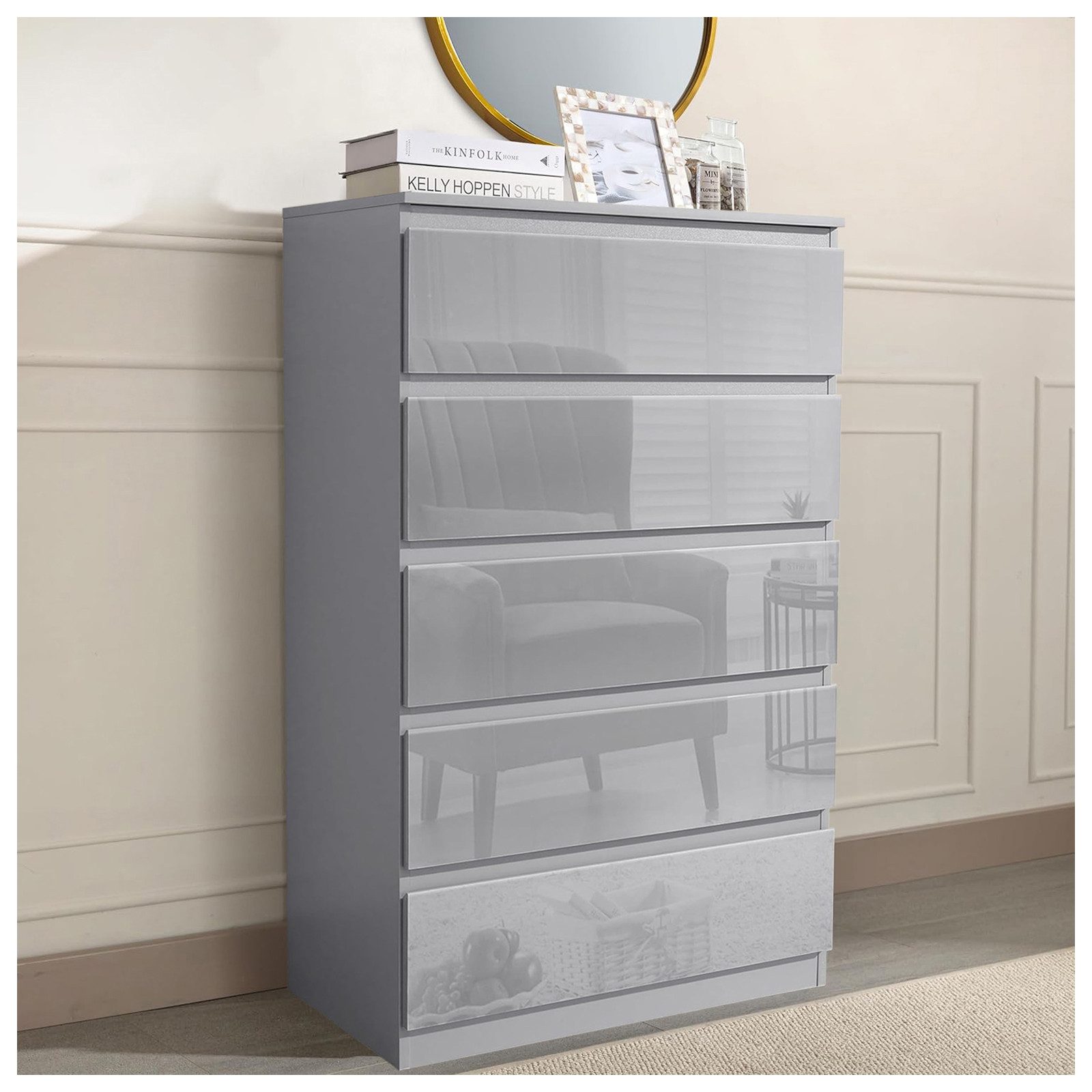 HTI-Living Sideboard Sideboard Kenji 5 Schubladen Hochglanz Grau (Stück, 1 St., 1 Sideboard), Kommode