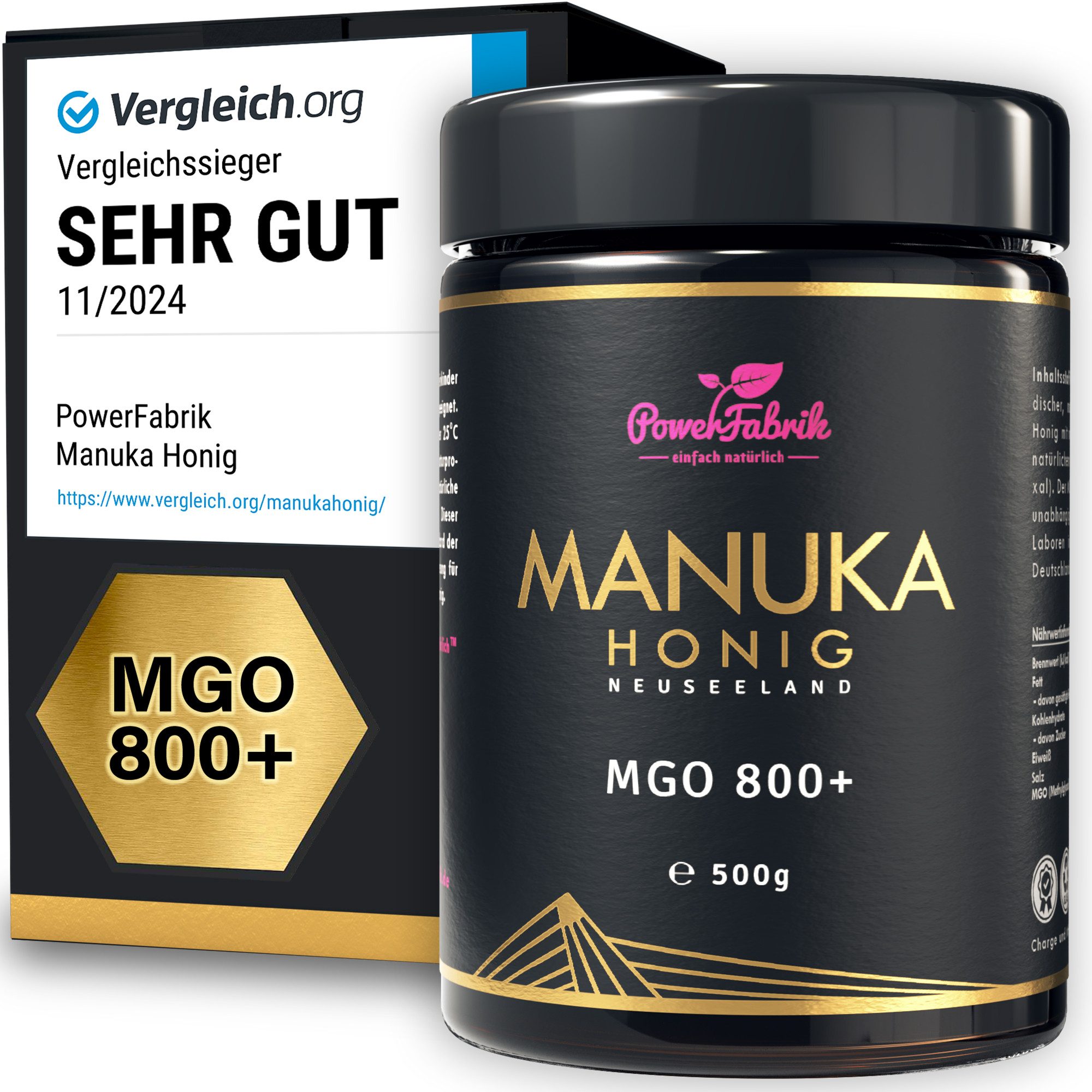 PowerFabrik Honig Manuka Honig MGO 800+, Original aus Neuseeland, im Glas, 500g, 1 x