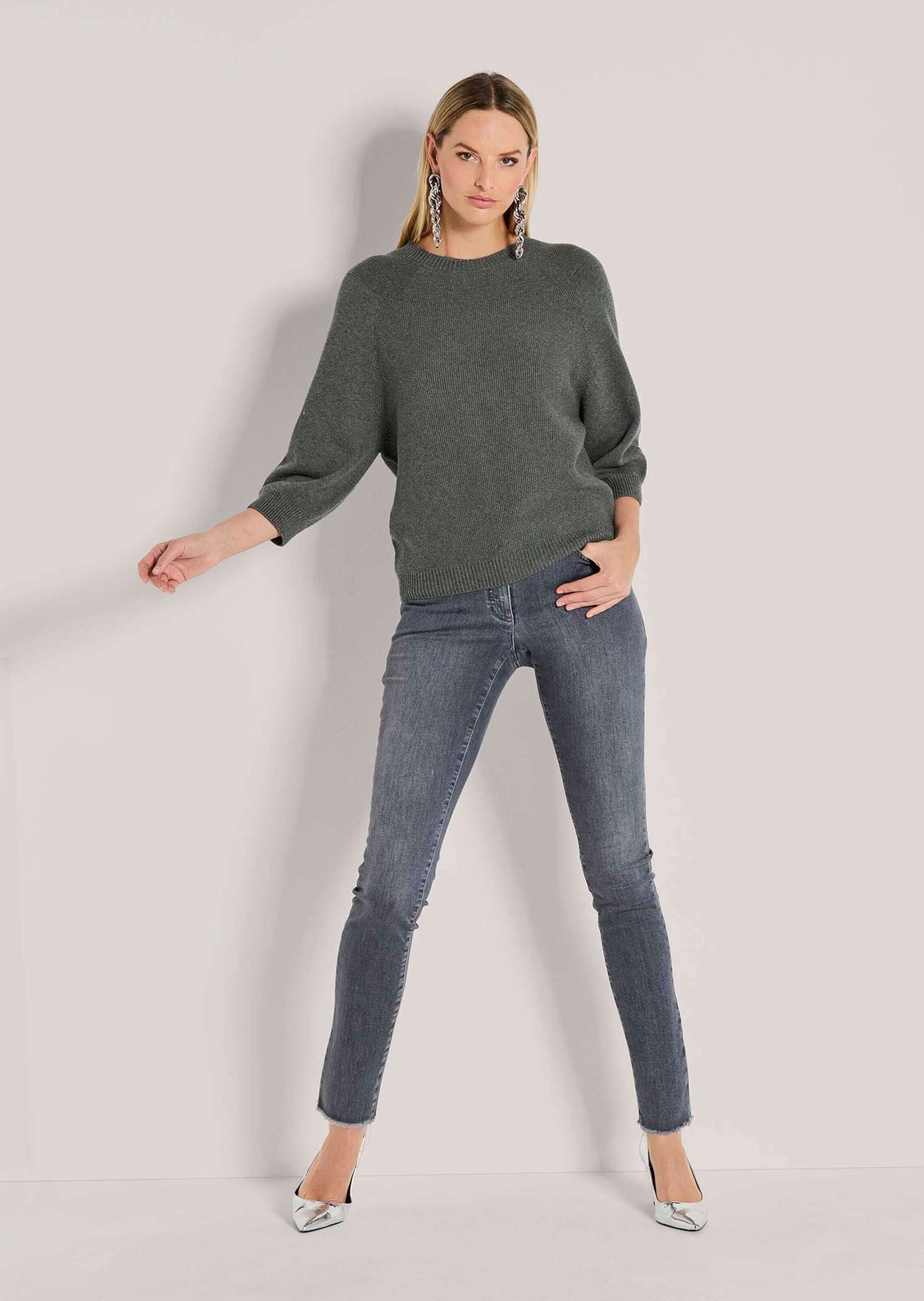 MADELEINE Strickpullover Zeitloser Baumwollpullover mit Perlfang-Muster Herbstpullover mit 3/4-Ärmeln und Rundhals