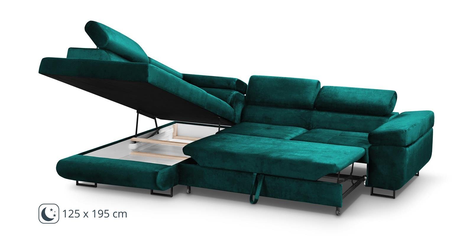 Beautysofa Ecksofa mit Ecke grün gepolstertes (monolith Waldo Flasches für Kopfstützen, Wellenfedern, Wohnzimmer L, verstellbaren Bettkasten, Schlaffunktion, 37) inklusive mit Schlafecke L-förmige