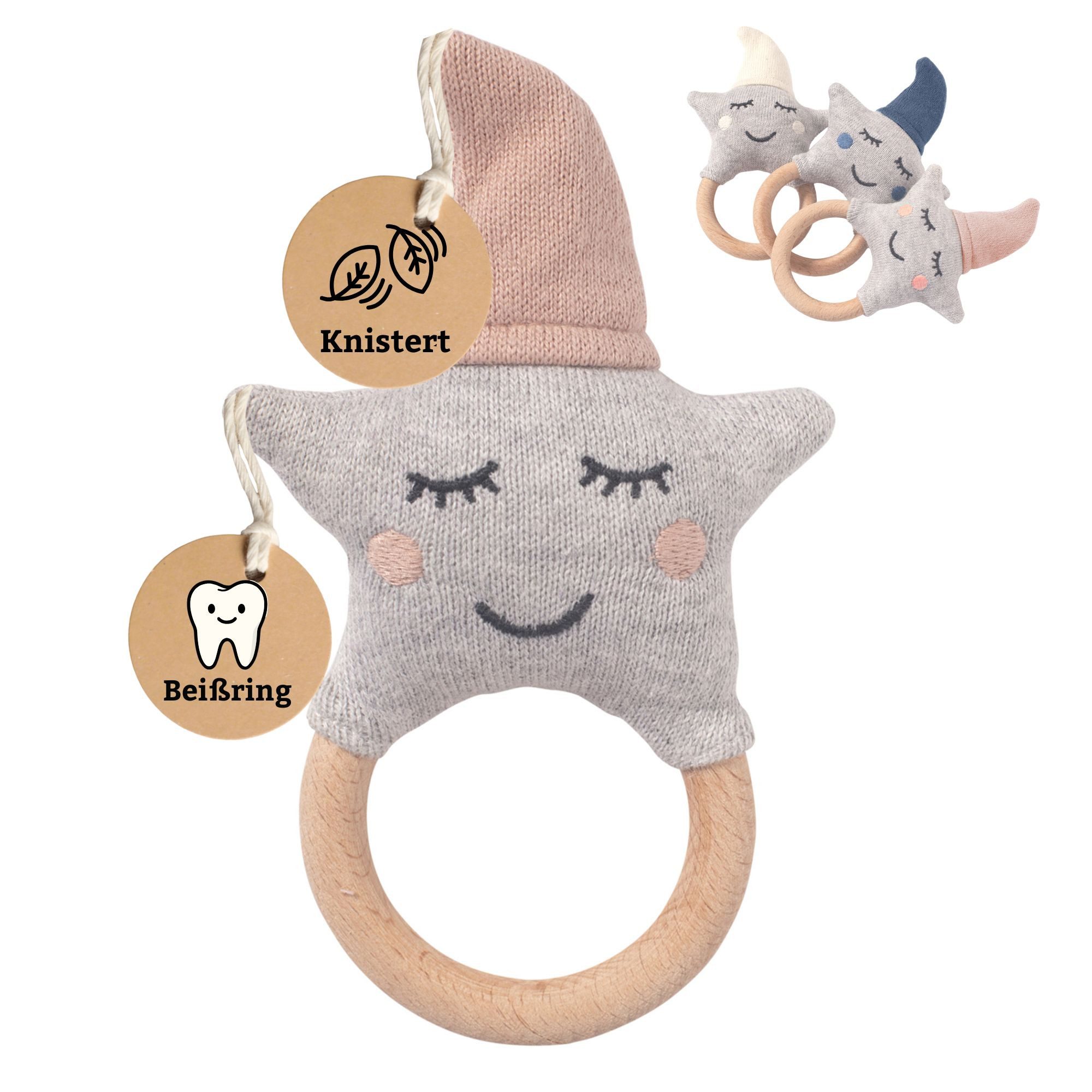 Nordic Coast Company Kuscheltier-Rassel, Greifling mit Beißring Geschenk ab Geburt mit Knistermütze