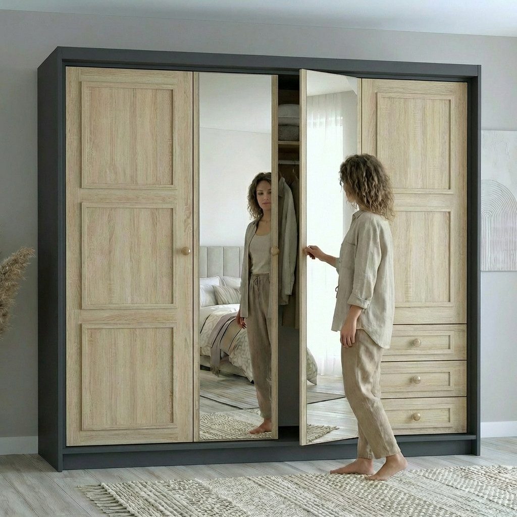 A&J MöbelLand GmbH Drehtürenschrank OSLO viertüriger Kleiderschrank mit Schubladen und Metallgriffen (Geräumiger viertüriger Kleiderschrank mit Schubladen und Metallgriffen. Geräumiger Schrank mit einer Breite von 200 cm und Schubladen, ideal zur Aufbewahrung von Kleidung und Accessoires. Viel Stauraum. TOP PRODUKT! Wählen Sie das ideale Modell für Ihr Schlafzimmer!, TOP ANGEBOT) Breite: 200 cm, Höhe: 215 cm, Tiefe: 59,5 cm
