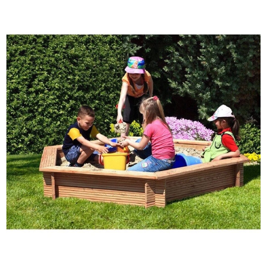 Gartenpirat Sandkasten 6-eckig Ø 230 cm aus Lärchenholz für Kinder TÜV geprüft, TÜV Geprüft
