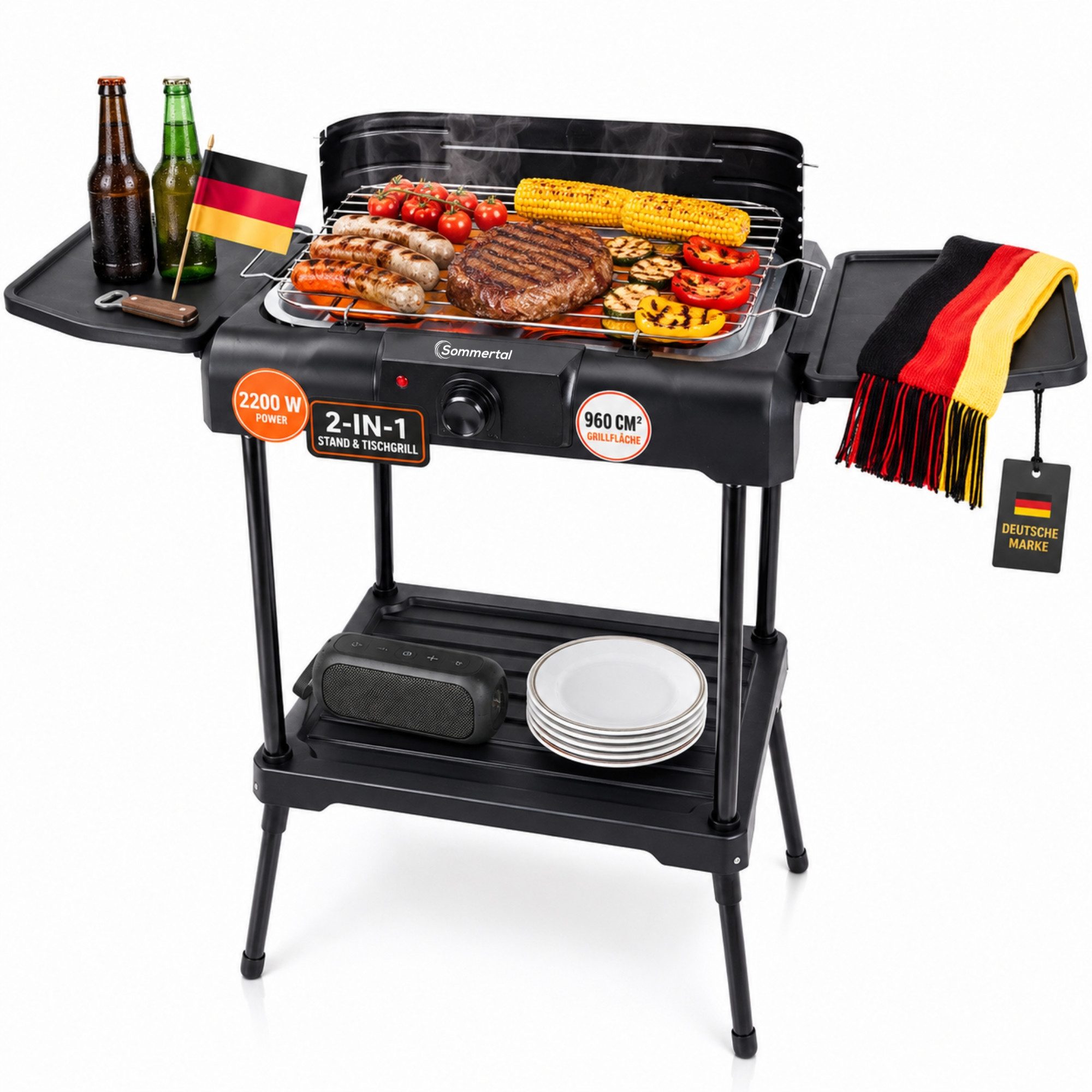 Sommertal Elektrogrill BBQ231 Elektrogrill Balkongrill 2200W Camping Grill, 2200 W, 2in1 Tischgrill mit Standfuß Stufenloser Temperaturregler