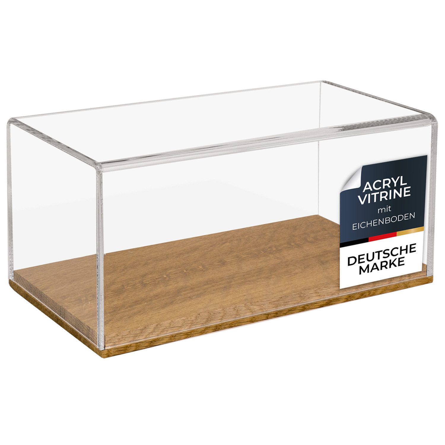 HMF Vitrine Eleganter Acryl Schaukasten mit Holzsockel für Modellautos Sammlerbox für Sammelstücke 30x15x14 cm, Transparent