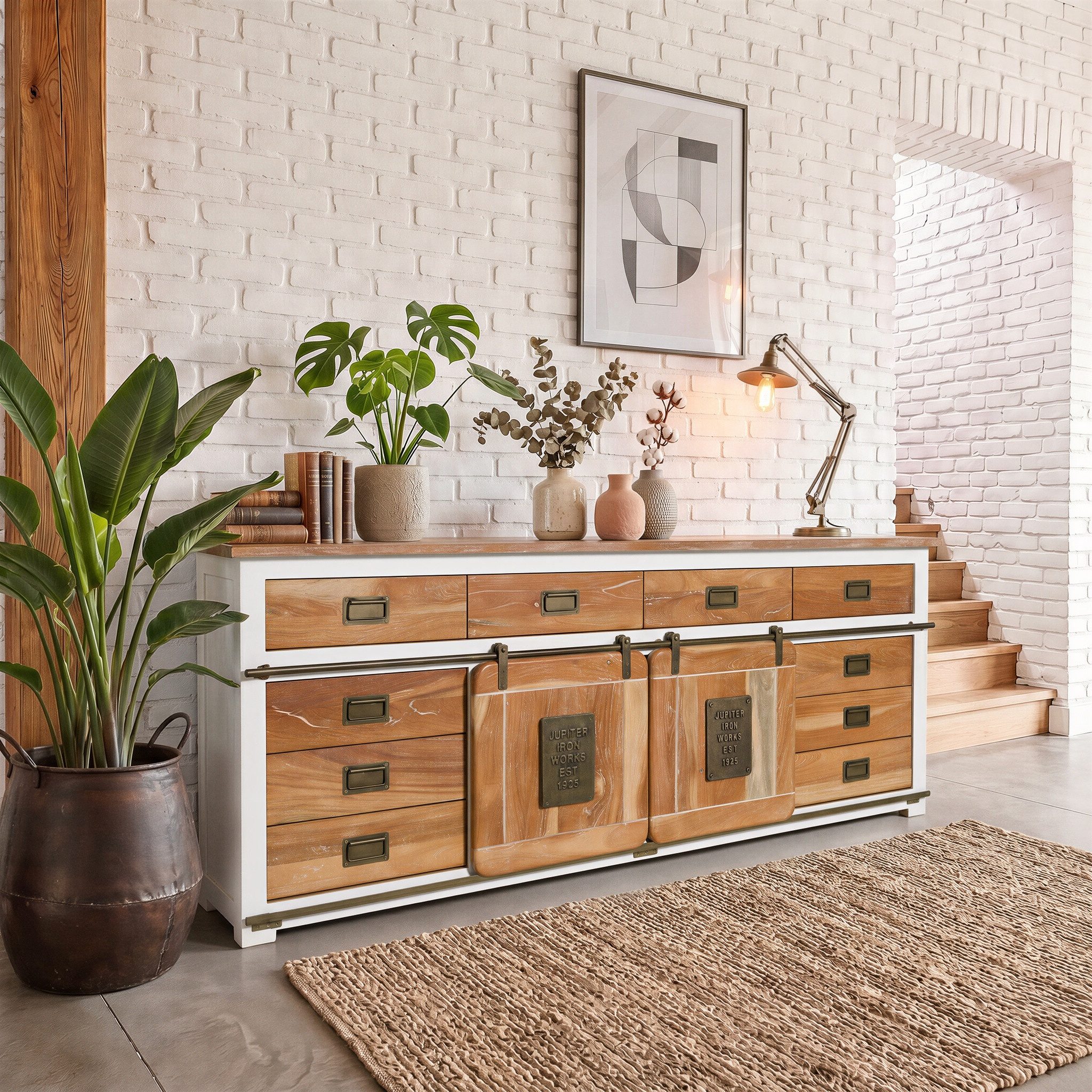 Massivmoebel24 Sideboard RAILWAY (Massivholz), Mango 220x45x90 weiß lackiert RAILWAY #592