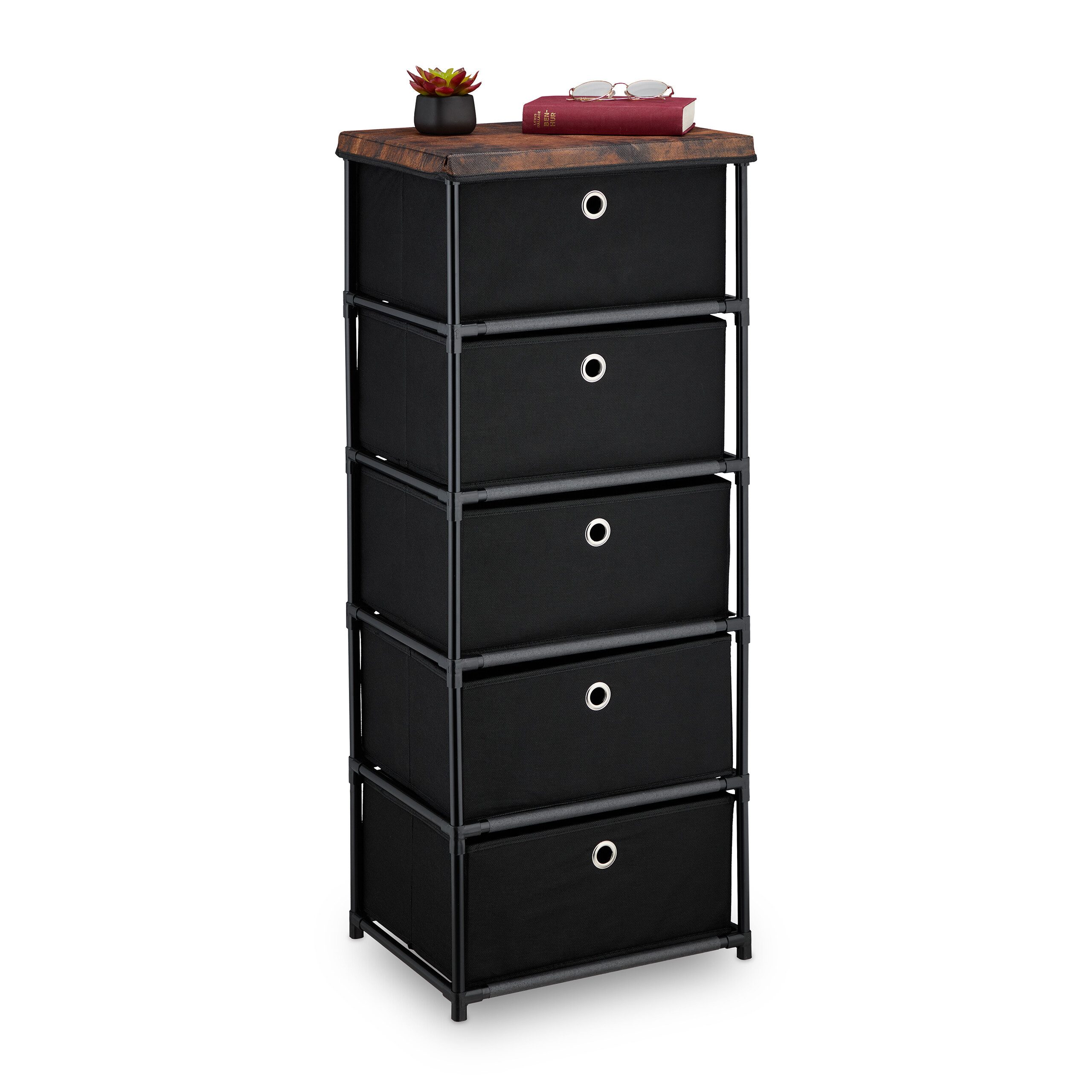 relaxdays Kommode Holzoptik mit Stoffschublade, schwarz