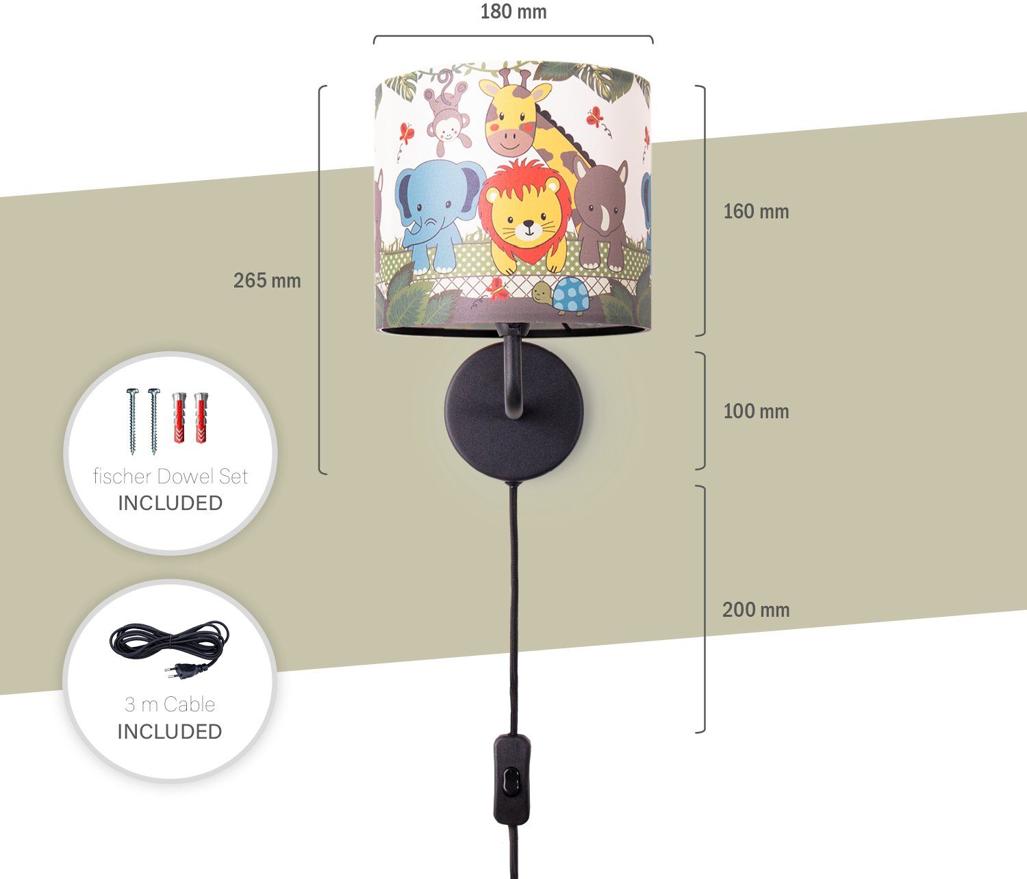 Kinderlampe 3m Zoo 634, âˆ…18cm Mit integriert, Kabellänge Innen Paco LED Home Wandleuchte fest E14 Tiere Diamond