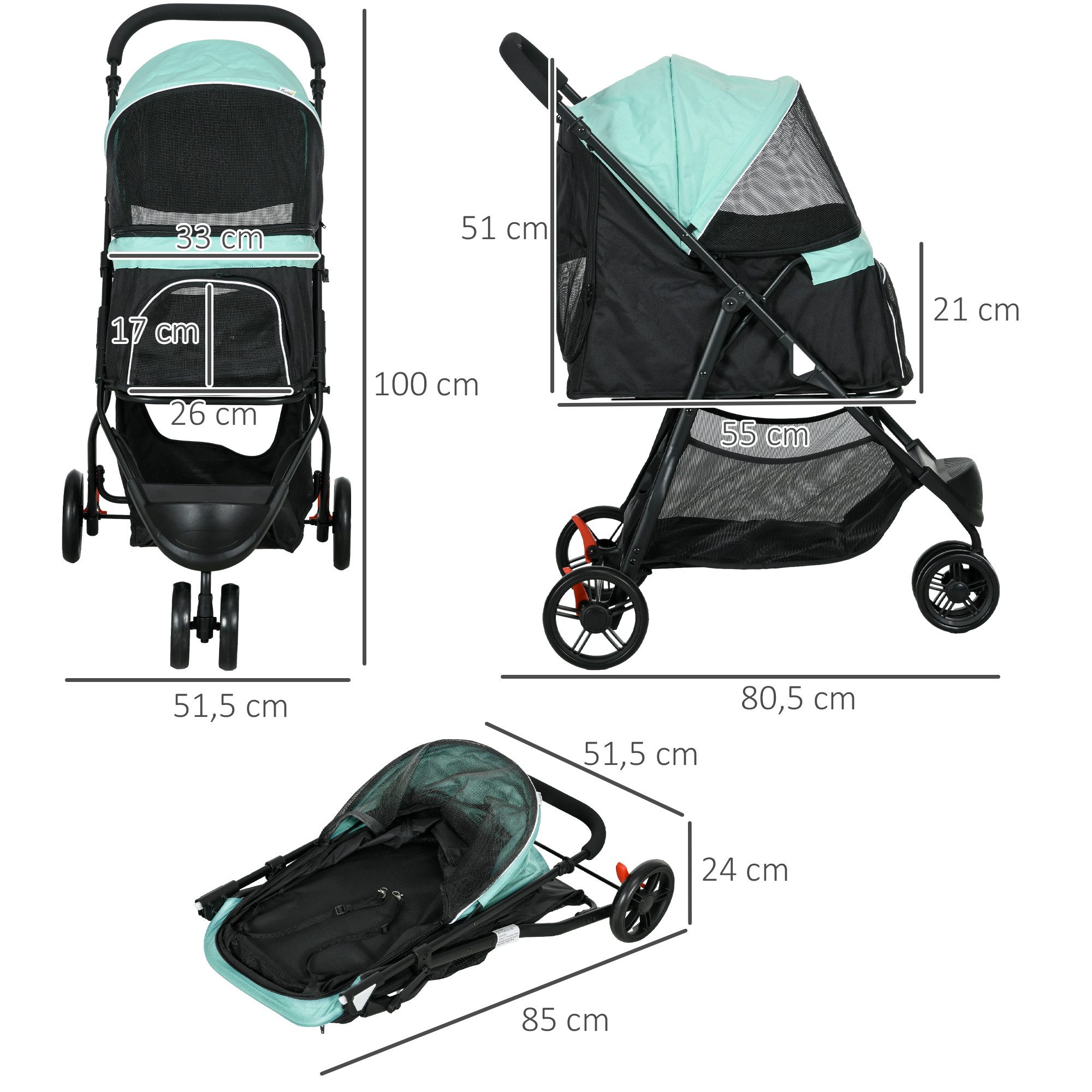 PawHut Hundebuggy 2 in 1, mit Regenschutz, klappbar, mit Kissen, Netzfenstern, Türen, (Haustierwagen, 1-tlg), für Hunde & Katzen bis 10 kg, Grün