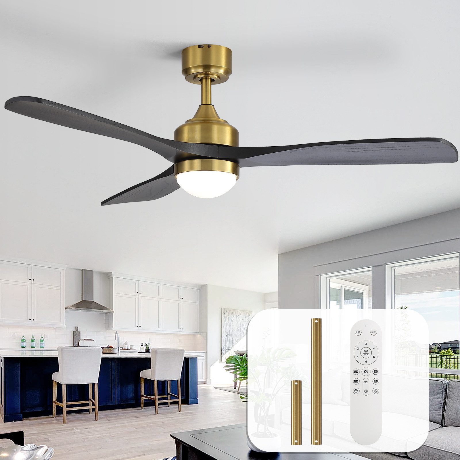 Sofucor Deckenventilator mit LED-Licht – Massivholzflügel & leiser Gleichstrommotor, ⌀ 132 cm, dimmbare Farbtemperatur, Timer & Winter-Sommer-Funktion