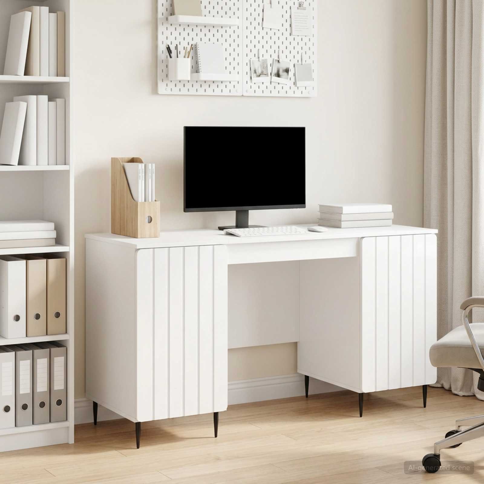 furnicato Schreibtisch 142,5 x 50 x 75 cm Hochglanz Weiß (1-St), Arbeitstisch mit 2 Schwenktüren und Regalbrettern für dein Wohnzimmer