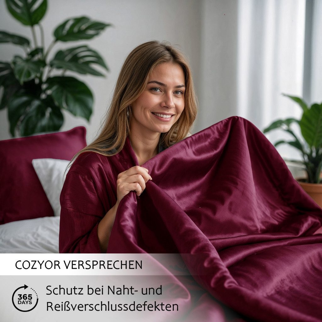 Cozyor Bettwäsche Satin glänzend 135x200, 155x200, 155x220, 200x200cm mit Reißverschluss, Satin, bordeaux Berry, 2 teilig, Edel und hochwertig – Bild 2 von 5