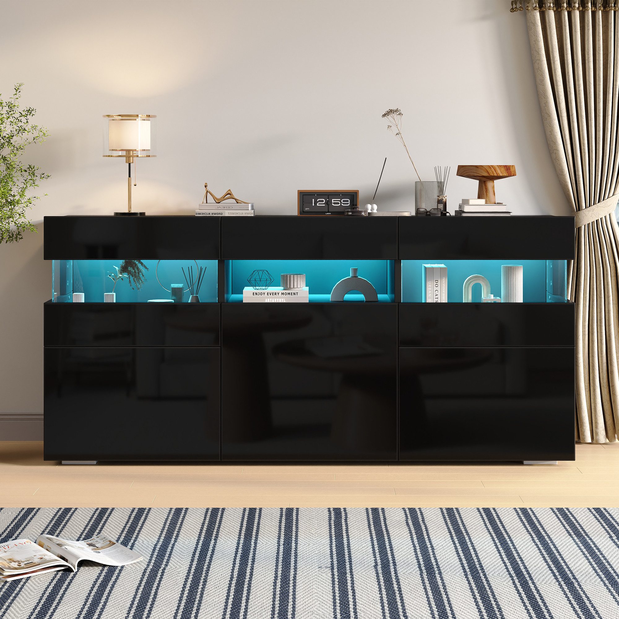 Merax Sideboard mit LED-Lichtleiste, Anrichte in Weiß mit Hochglanzfront (1 St., 140*40.5*66.5cm), Wohnzimmerschrank Kommode mit 3 Türen, 7 Ablagefächern, Acryl-Elemente