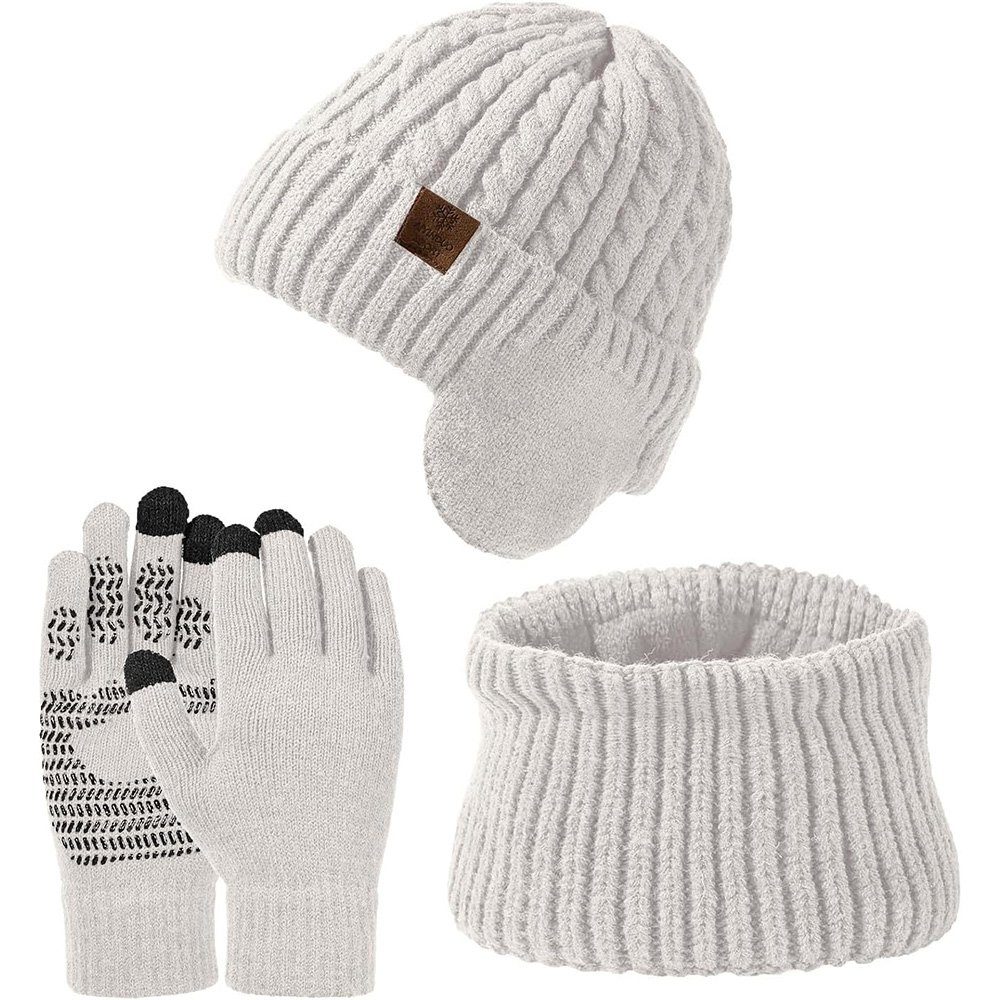 GLIESE Mütze & Schal Mütze Schal Handschuhe Set 3 in 1 Winter Warm Geschenk Set weiß