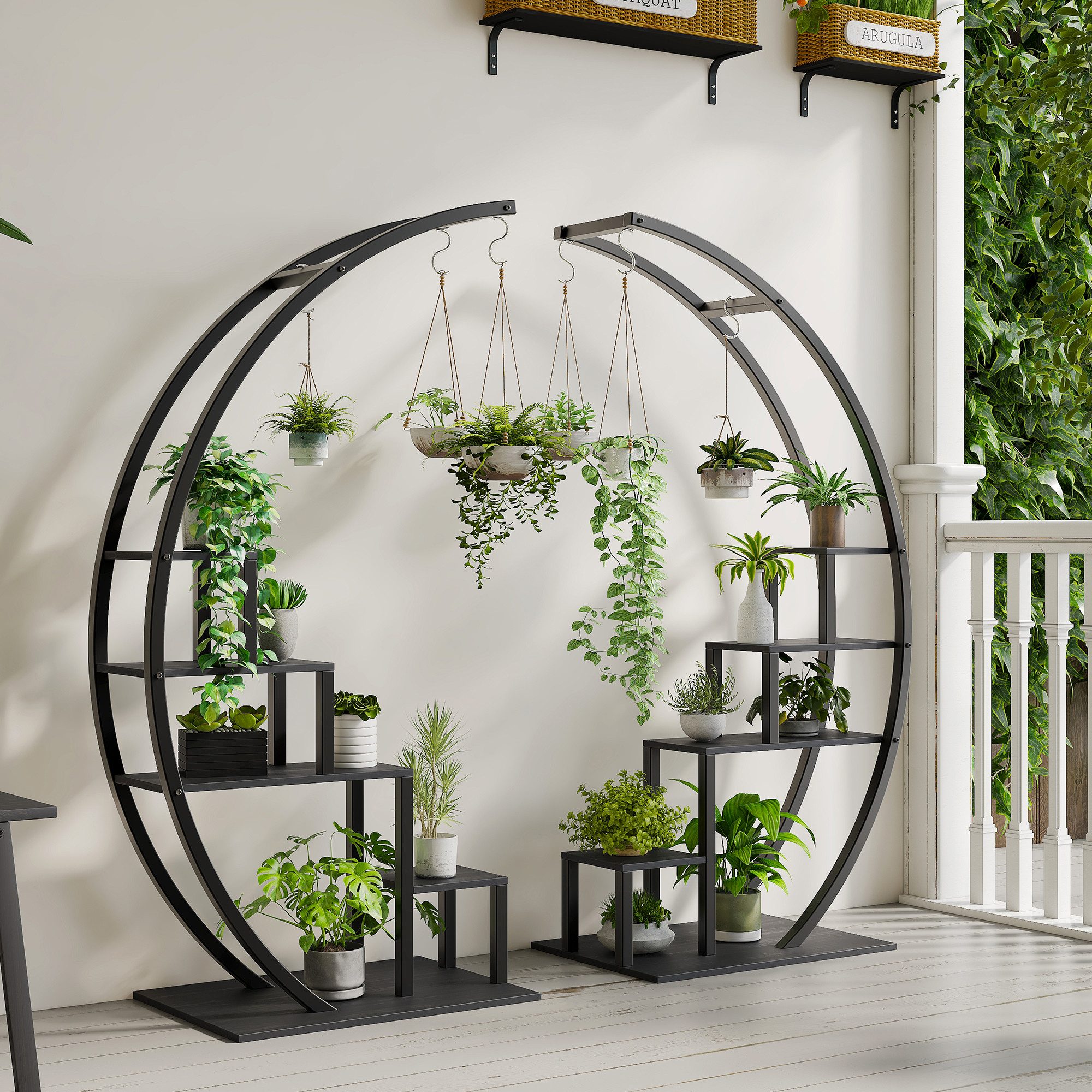 GarveeMore Blumenständer mit 4 haken,5-stufiges hohes Pflanzenständer,142 cm, 2-teiliges Set halbmondförmiges Pflanzenregal für Wohnzimmer
