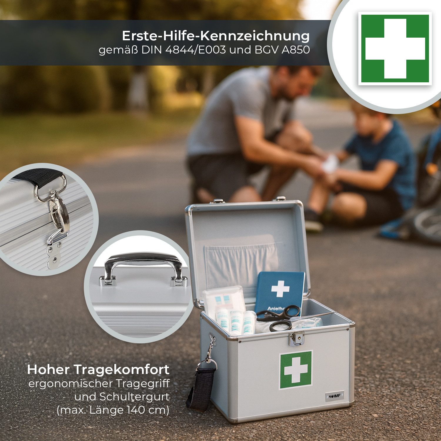HMF Erste-Hilfe-Koffer Alu Medizinkoffer, Erste Hilfe Koffer, Arztkoffer mit Tragegriff, 30 x 25 x 25 cm – Bild 3 von 5