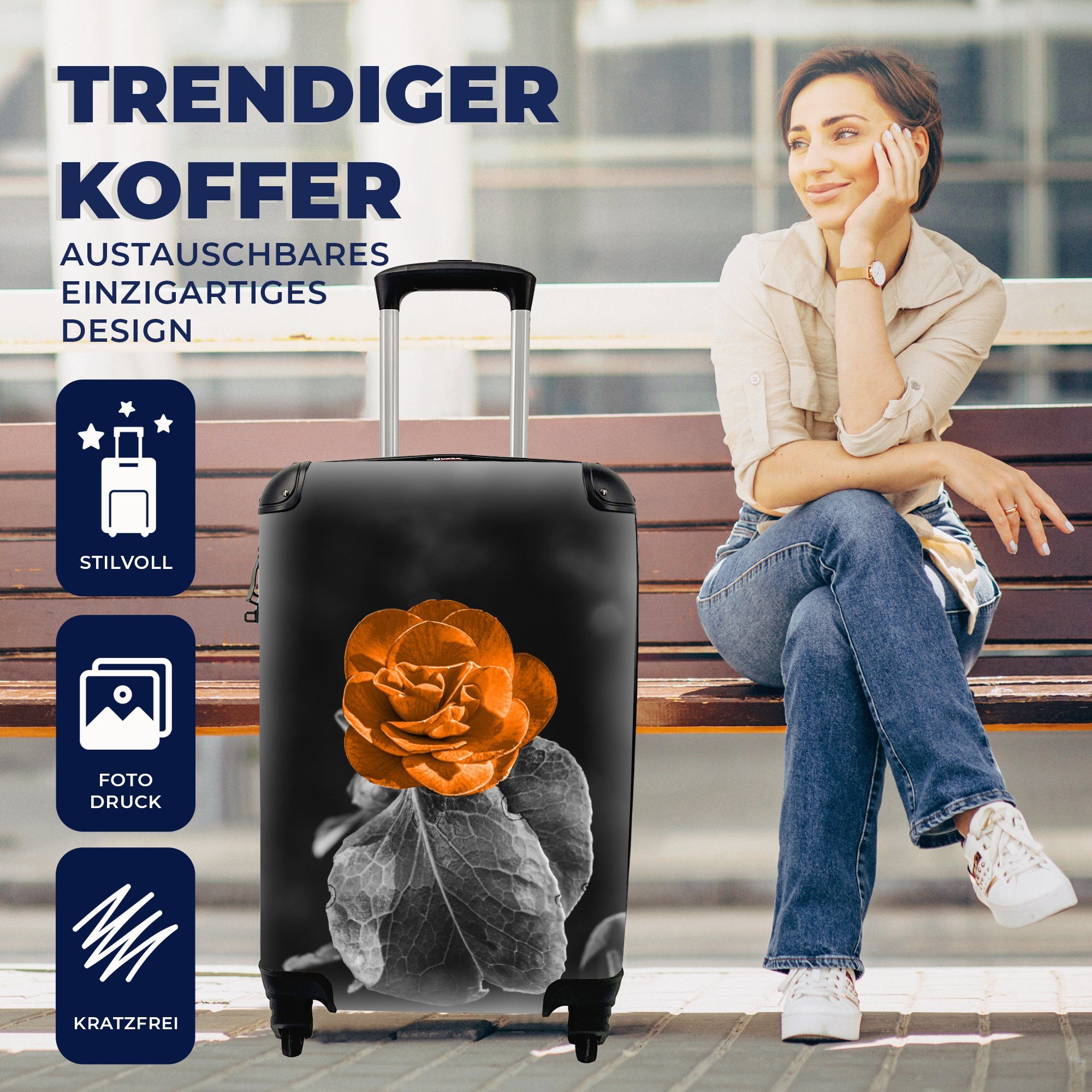 Reisetasche Rosen Reisekoffer - - - Handgepäck Rollen, mit - Ferien, Handgepäckkoffer für MuchoWow Schwarz Weiß, Trolley, Blumen rollen, Orange 4