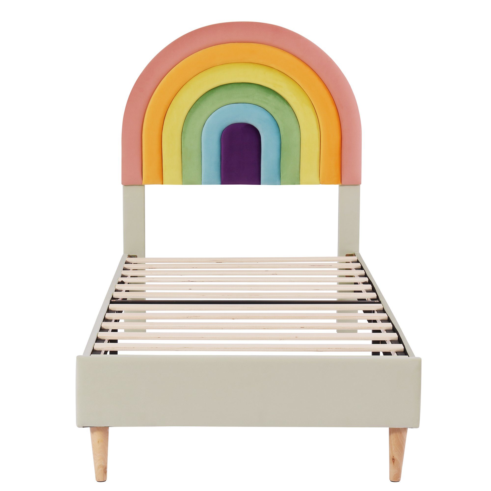 Polsterbett cm x Regenbogen-Samt, höhenverstellbarem cm Jugendbett Beige Ulife mit 90 Kinderbett 200 Holzlattenunterstützung, Kopfteil