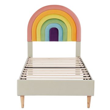 Ulife Kinderbett Polsterbett Jugendbett mit höhenverstellbarem Kopfteil Regenbogen-Samt, Holzlattenunterstützung, 90 cm x 200 cm
