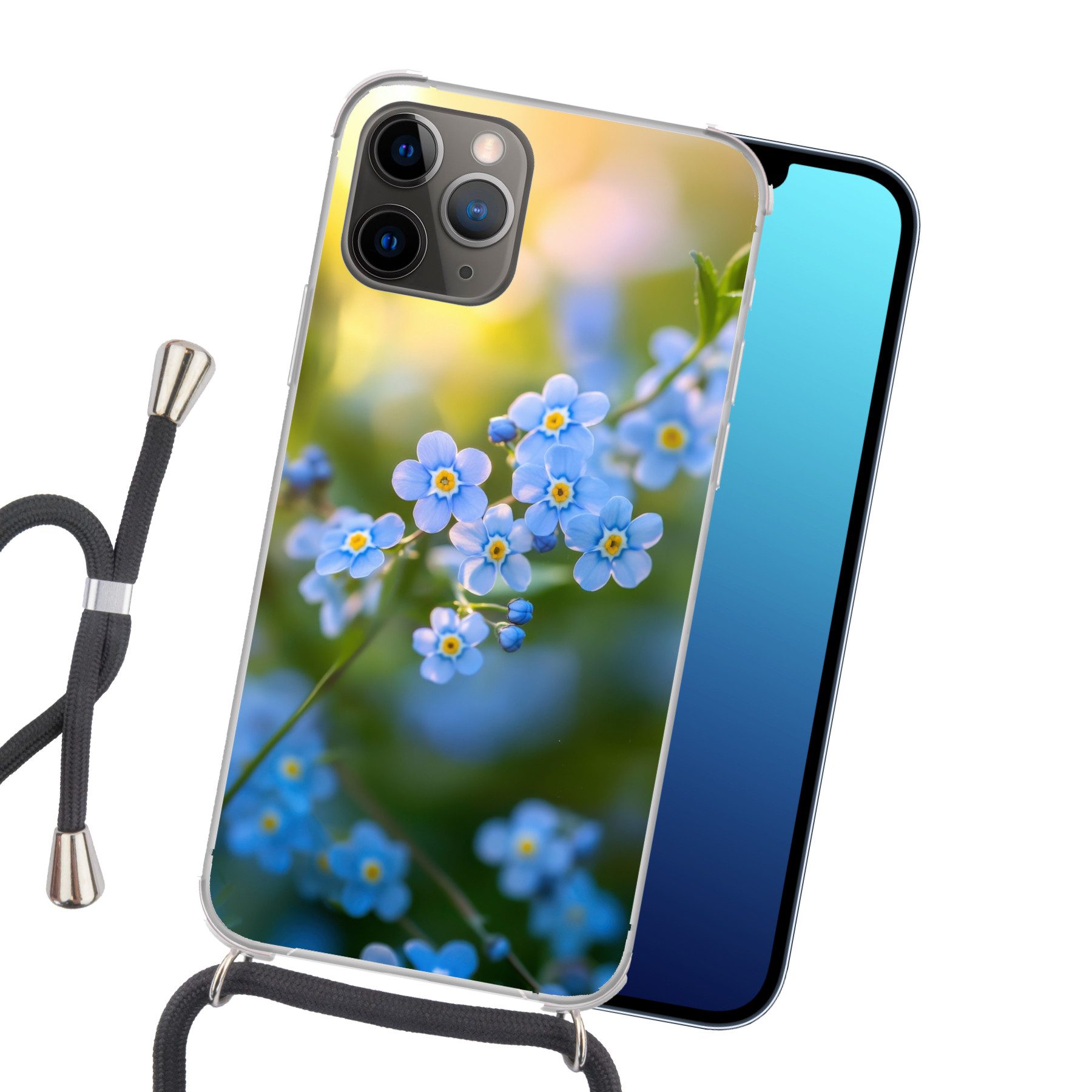 MuchoWow Handyhülle für Apple iPhone 12 Pro Blumen - Blau - Vergissmeinnicht, Tragbare Handyhüllen mit Kette zum umhängen, Handykette Handyband