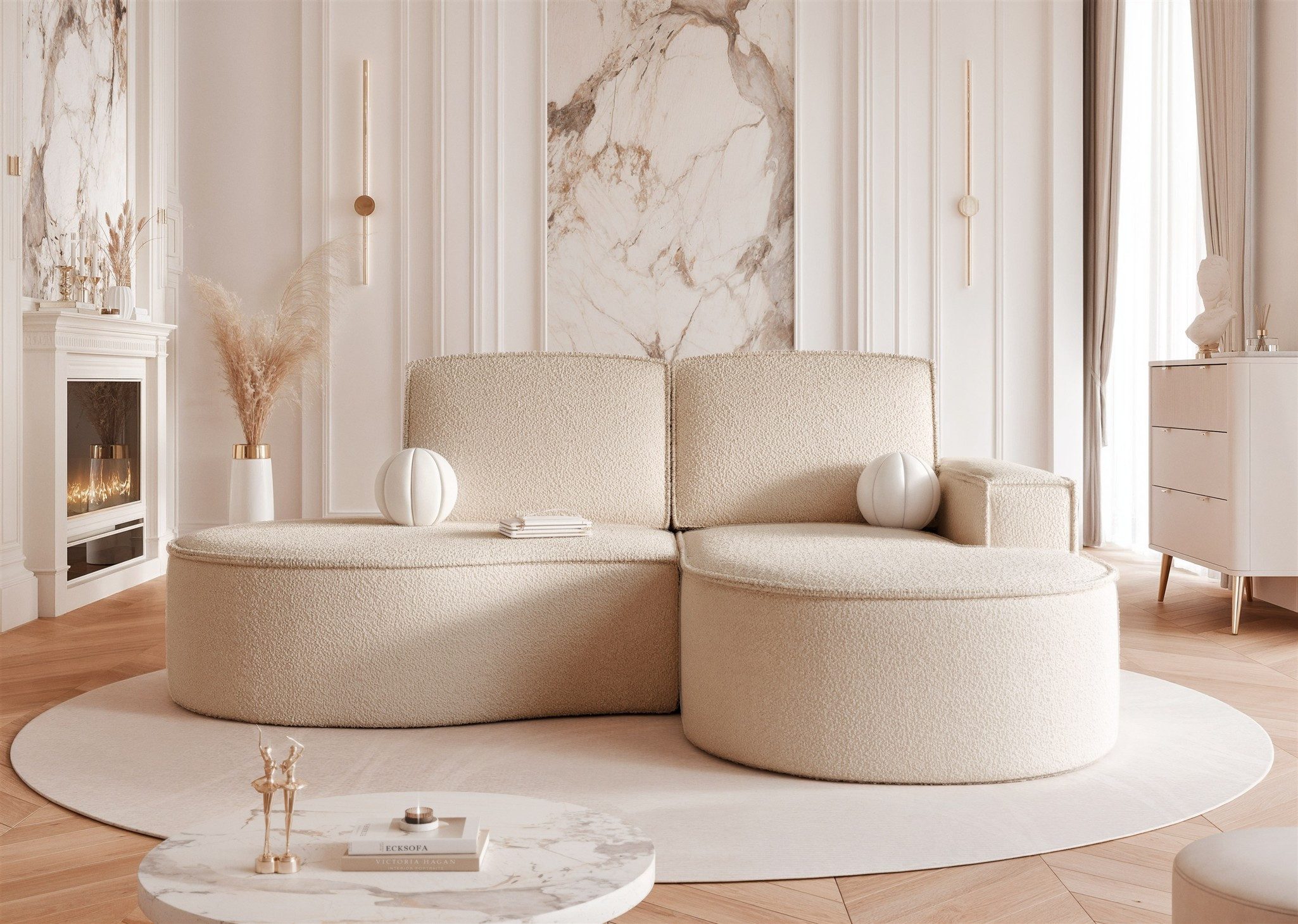 Fun Möbel Ecksofa Designersofa ARLET mit Ottomane in Stoff, Rundumbezug und ein besonderes Design