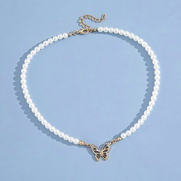 Fivejoy Perlenkette Perlenkette, Perlen-Schmetterlings-Patchwork-Halskette im Boho-Stil (1-tlg), (1-tlg), Elegante, schlichte Perlenkette mit Schmetterlingsanhänger