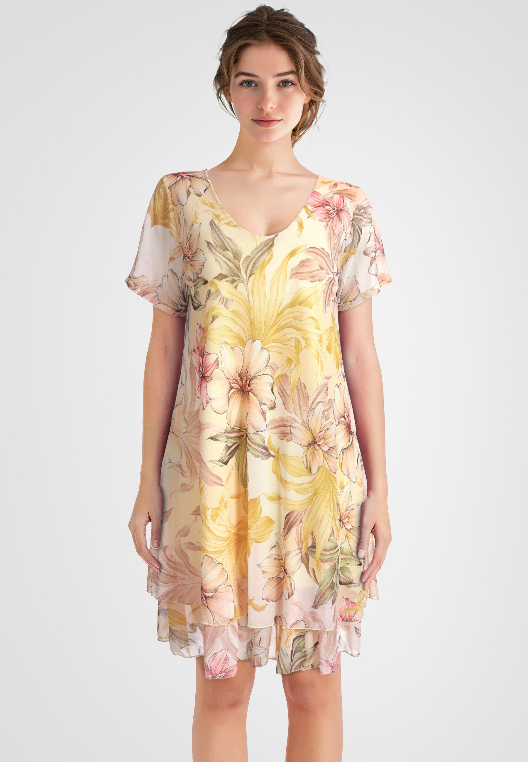 PEKIVESSA Sommerkleid Geblümtes Georgette-Kleid mit Volants günstig online kaufen