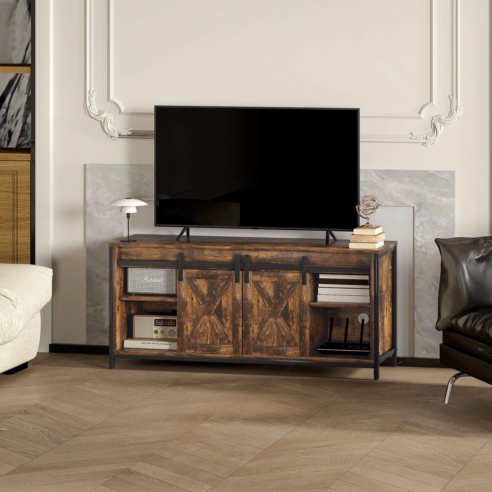 MODFU TV-Schrank Fernsehtisch in Braun 120×40×54 cm mit Stauraumfunktion (in Braun für Geräte bis 60 Zoll, 1-St., Geräumiges Lowboard für Fernseher bis 60 Zoll im Wohnbereich) Ordentliche Aufbewahrung mit Schränken und offenen Regalen